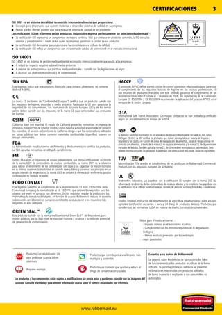 www.rubbermaid.eu
3
8327
ISO9001:2008
Member of SN Registrars (Holdings) Ltd
CERTIFICACIONES
ISO 14001
La marca CE (acrónimo de “Conformidad Europea”) certifica que un producto cumple con
los requisitos de higiene, seguridad y medio ambiente fijados por la UE para garantizar la
seguridad de los consumidores. Los fabricantes de la Unión Europea (UE) y de los demás
países deben cumplir con los requisitos de la marca CE para comercializar sus productos
en Europa.
Este producto cumple con la norma medioambiental Green Seal™ de limpiadores para
manos públicos, por su bajo nivel de toxicidad humana y acuática y su reducido potencial
de generación de contaminación. Mejor para el medio ambiente…
- Impacto mínimo en el ecosistema acuático
- Cumplimiento con los estrictos requisitos de la degradación
biológica
- Menos residuos generados por los embalajes
…mejor para todos.
International Safe Transit Association. Las mopas compactas se han probado y certificado
según los procedimientos de ensayo de la ISTA.
Factory Mutual es un organismo de ensayo independiente que otorga certificaciones en función
de la norma 6921 de contenedores de residuos combustibles. La norma 6921 es la referencia
para valorar el rendimiento de los contenedores con tapas y su capacidad de resistir incendios
en su interior, mantener la estabilidad en caso de desequilibrios y conservar sus principios en un
amplio intervalo de temperaturas. La norma 6920 es también la referencia de rendimiento para los
contenedores de residuos de aceite.
California State Fire Marshal. El estado de California posee las normativas en materia de
incendios más estrictas de Estados Unidos. Como máxima autoridad responsable de prevenir
los incendios, el servicio de bomberos de California obliga a que los contenedores utilizados
en zonas públicas que deban contener materiales combustibles (cigarrillos) superen un
ensayo antiincendio.
Underwriters Laboratory. Las papeleras con la certificación UL cumplen con la norma 242 UL,
referencia de rendimiento de los contenedores de residuos abiertos y no metálicos. Las papeleras con
la certificación UL se utilizan habitualmente en recintos de atención sanitaria (hospitales y residencias).Este logotipo garantiza el cumplimiento de la reglamentación CE núm. 1935/2004 de la
Comunidad Europea y la normativa de la UE 10/2011, que definen los requisitos para los
objetos que estén en contacto con alimentos. Dichos requisitos regulan la producción, los
materiales y la estructura del objeto, en función de su uso. Rubbermaid trabaja en estrecha
colaboración con laboratorios europeos acreditados para ajustarse a los requisitos más
exigentes en esta categoría.
FOOD CONTACT
La certificación TÜV acredita el cumplimiento de los productos de Rubbermaid Commercial
Products con los requisitos europeos en la materia.
La National Sanitation Foundation es un laboratorio de ensayo independiente con sede en Ann Arbor,
Michigan (EE.UU.). La NSF certifica los productos que reúnen sus requisitos en materia de limpieza y
seguridad y los clasifica en función de zonas de manipulación de alimentos, zonas de riesgo y zonas sin
contacto con alimentos, a través de la norma 2, de equipos alimentarios, y la norma 18, de dispensadores
manuales de bebidas. También aplica la norma 21, de contenedores termoplásticos para residuos. Para
obtener información sobre los productos Rubbermaid con certificaciones NSF, visite: www.nsf.org/certified
El protocolo APPCC define puntos críticos de control y procesos relacionados para garantizar
el cumplimiento de los requisitos básicos de higiene en las cocinas profesionales. El
uso intuitivo de productos marcados con este símbolo garantiza el cumplimiento de las
recomendaciones HACCP. Desde el 1 de enero de 2006, los reglamentos de la Comunidad
Europea CE 852/2004 y CE 853/2004 recomiendan la aplicación del proceso APPCC en el
territorio de la Unión Europea.
La Administración estadounidense de Alimentos y Medicamentos no certifica los productos.
La FDA aprueba normativas de obligado cumplimiento.
Estados Unidos Certificación del departamento de agricultura estadounidense sobre equipos
agrícolas (certificación de carnes y aves y 3A Dairy de productos lácteos). Productos que
cumplen con las normativas USDA en materia de diseño, construcción y materiales.
Garantía para baños de Rubbermaid
Los productos y los componentes están sujetos a modificaciones sin previo aviso y pueden no coincidir con las imágenes del
catálogo. Consulte el embalaje para obtener información exacta sobre el número de unidades por referencia.
Requiere montaje.
La garantía cubre los defectos de fabricación y los fallos
de funcionamiento si los productos se utilizan de la forma
indicada. La garantía perderá su validez si se presentan
reclamaciones relacionadas con productos utilizados
de forma incorrecta o negligente o con consumibles no
autorizados.
Productos sin contacto que ayudan a reducir el
riesgo de contaminación cruzada.
Productos con estabilizador UV
para prolongar su vida útil en
exteriores.
Productos que contribuyen a una limpieza más
ecológica y sostenible.
ISO 14001 es un sistema de gestión medioambiental reconocido internacionalmente que ayuda a las empresas:
■■ A reducir su impacto negativo sobre el medio ambiente.
■■ A mejorar de forma continua sus prácticas medioambientales y cumplir con las legislaciones en vigor.
■■ A alcanzar sus objetivos económicos y de sostenibilidad.
ISO 9001 es un sistema de calidad reconocido internacionalmente que proporciona:
■■ Consejos para empresarios que quieren implantar o desarrollar sistemas de calidad en su empresa;
■■ Pautas que los clientes pueden usar para evaluar el sistema de calidad de un proveedor.
La certificación ISO en el terreno de los productos industriales expresa perfectamente los principios Rubbermaid®
:
■■ La certificación ISO representa un compromiso de mejora continua. Más que centrarse en productos concretos, la ISO revisa los
sistemas y procedimientos a través de los cuales las empresas garantizan la calidad de sus productos.
■■ La certificación ISO demuestra que una empresa ha consolidado una cultura de calidad.
■■ La certificación ISO refleja un compromiso con un sistema de calidad de primer nivel en el mercado internacional.
CSFM
ISTA
FM
NSF
FDA
UL
GREEN SEAL™
HACCP
TÜV
Este logotipo indica que este producto, fabricado para contacto alimentario, no contiene
Bisfenol A (BPA).
SIN BPA
 