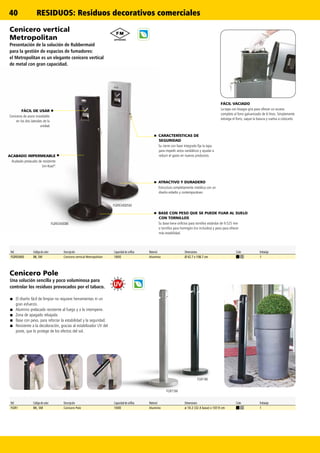 40
n
n
n
n
FGR93400BK
FGR93400SM
FGR1BK
FGR1SM
Ref. Código de color Descripción Capacidad de colillas Material Dimensiones Color Embalaje
FGR1 BK, SM Cenicero Pole 1000 Aluminio ø 10.2 (32.4 base) x 107.9 cm 1
Ref. Código de color Descripción Capacidad de colillas Material Dimensiones Color Embalaje
FGR93400 BK, SM Cenicero vertical Metropolitan 1800 Aluminio Ø 42.7 x 108.7 cm 1
Cenicero vertical
Metropolitan
Presentación de la solución de Rubbermaid
para la gestión de espacios de fumadores:
el Metropolitan es un elegante cenicero vertical
de metal con gran capacidad.
Cenicero Pole
Una solución sencilla y poco voluminosa para
controlar los residuos provocados por el tabaco.
■■ El diseño fácil de limpiar no requiere herramientas ni un
gran esfuerzo.
■■ Aluminio prelacado resistente al fuego y a la intemperie.
■■ Zona de apagado rebajada
■■ Base con peso, para reforzar la estabilidad y la seguridad.
■■ Resistente a la decoloración, gracias al estabilizador UV del
poste, que lo protege de los efectos del sol.
FÁCIL VACIADO
La tapa con bisagra gira para ofrecer un acceso
completo al forro galvanizado de 6 litros. Simplemente
extraiga el forro, saque la basura y vuelva a colocarlo.
n	 ATRACTIVO Y DURADERO
	Estructura completamente metálica con un
diseño esbelto y contemporáneo
n	 BASE CON PESO QUE SE PUEDE FIJAR AL SUELO
CON TORNILLOS
	Su base tiene orificios para tornillos estándar de 9.525 mm
o tornillos para hormigón (no incluidos) y peso para ofrecer
más estabilidad.
n	 CARACTERÍSTICAS DE
SEGURIDAD
	Su cierre con llave integrado fija la tapa
para impedir actos vandálicos y ayudar a
reducir el gasto en nuevos productos.
nFÁCIL DE USAR
Ceniceros de acero inoxidable
en los dos laterales de la
unidad.
ACABADO IMPERMEABLE
Acabado prelacado de resistente
Uni-Koat®
.
RESIDUOS: Residuos decorativos comerciales
 