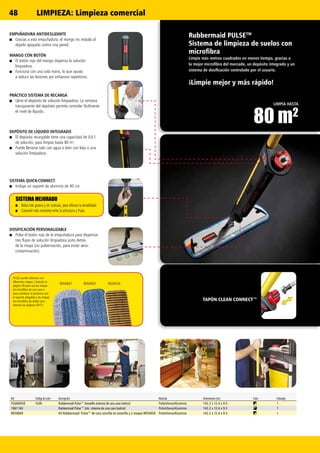 R050647 R050650 R034556
48
Ref. Código de color Descripción Material Dimensiones (cm) Color Embalaje
FGQ96958 YL00 Rubbermaid Pulse™ Amarillo sistema de una cara (velcro) Polietileno/Aluminio 142.2 x 12.4 x 9.5 1
1861160 Rubbermaid Pulse™ Gris sistema de una cara (velcro) Polietileno/Aluminio 142.2 x 12.4 x 9.5 1
R050669 Kit Rubbermaid Pulse™ de cara sencilla en amarillo y 2 mopas R050650 Polietileno/Aluminio 142.2 x 12.4 x 9.5 1
SISTEMA MEJORADO
■■ Bolsa más gruesa y sin costuras, para reforzar la durabilidad.
■■ Conexión más resistente entre la estructura y Pulse.
LIMPIA HASTA
80 m2
PULSE puede utilizarse con
diferentes mopas. Consulte la
página 58 para ver las mopas
de microfibra de una cara o
para combinar el producto con
el soporte plegable y las mopas
de microfibra de doble cara.
(véanse las páginas 49-51.
DEPÓSITO DE LÍQUIDO INTEGRADO
■■ El depósito recargable tiene una capacidad de 0,6 l
de solución, para limpiar hasta 80 m2
.
■■ Puede llenarse solo con agua o bien con lejía o una
solución limpiadora.
PRÁCTICO SISTEMA DE RECARGA
■■ Llene el depósito de solución limpiadora. La ventana
transparente del depósito permite controlar fácilmente
el nivel de líquido.
DOSIFICACIÓN PERSONALIZABLE
■■ Pulse el botón rojo de la empuñadura para dispensar
tres flujos de solución limpiadora justo detrás
de la mopa (sin pulverización, para evitar aero-
contaminación).
SISTEMA QUICK-CONNECT
■■ Incluye un soporte de aluminio de 40 cm.
EMPUÑADURA ANTIDESLIZANTE
■■ Gracias a esta empuñadura, el mango no resbala al
dejarlo apoyado contra una pared.
MANGO CON BOTÓN
■■ El botón rojo del mango dispensa la solución
limpiadora.
■■ Funciona con una sola mano, lo que ayuda
a reducir las lesiones por esfuerzos repetitivos.
TAPÓN CLEAN CONNECT™
Rubbermaid PULSETM
Sistema de limpieza de suelos con
microfibra
Limpie más metros cuadrados en menos tiempo, gracias a
la mejor microfibra del mercado, un depósito integrado y un
sistema de dosificación controlado por el usuario.
¡Limpie mejor y más rápido!
LIMPIEZA: Limpieza comercial
 