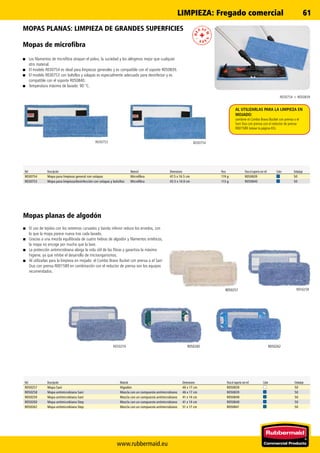 www.rubbermaid.eu
61
R030754
R050260
R050257
R050262R050259 R050260
R050258R050257
R050262
R030753
R030754 + R050839
Ref. Descripción Material Dimensiones Para el soporte con ref. Color Embalaje
R050257 Mopa Sani Algodón 46 x 17 cm R050839 50
R050258 Mopa antimicrobiana Sani Mezcla con un compuesto antimicrobiano 46 x 17 cm R050839 50
R050259 Mopa antimicrobiana Sani Mezcla con un compuesto antimicrobiano 41 x 14 cm R050840 50
R050260 Mopa antimicrobiana Step Mezcla con un compuesto antimicrobiano 41 x 14 cm R050840 50
R050262 Mopa antimicrobiana Step Mezcla con un compuesto antimicrobiano 51 x 17 cm R050841 50
Ref. Descripción Material Dimensiones Peso Para el soporte con ref. Color Embalaje
R030754 Mopa para limpieza general con solapas Microfibra 47.5 x 16.5 cm 119 g R050839 50
R030753 Mopa para limpieza/desinfección con solapas y bolsillos Microfibra 43.5 x 14.0 cm 113 g R050840 50
MOPAS PLANAS: LIMPIEZA DE GRANDES SUPERFICIES
Mopas de microfibra
■■ Los filamentos de microfibra atrapan el polvo, la suciedad y los alérgenos mejor que cualquier
otro material.
■■ El modelo R030754 es ideal para limpiezas generales y es compatible con el soporte R050839.
■■ El modelo R030753 con bolsillos y solapas es especialmente adecuado para desinfectar y es
compatible con el soporte R050840.
■■ Temperatura máxima de lavado: 90 °C.
Mopas planas de algodón
■■ El uso de tejidos con los extremos curvados y banda inferior reduce los enredos, con
lo que la mopa parece nueva tras cada lavado.
■■ Gracias a una mezcla equilibrada de cuatro hebras de algodón y filamentos sintéticos,
la mopa no encoge por mucho que la lave.
■■ La protección antimicrobiana alarga la vida útil de las fibras y garantiza la máxima
higiene, ya que inhibe el desarrollo de microorganismos.
■■ Al utilizarlas para la limpieza en mojado: el Combo Bravo Bucket con prensa o el Sani
Duo con prensa R001589 en combinación con el reductor de prensa son los equipos
recomendados.
AL UTILIZARLAS PARA LA LIMPIEZA EN
MOJADO:
combine el Combo Bravo Bucket con prensa o el
Sani Duo con prensa con el reductor de prensa
R001589 (véase la página 65).
LIMPIEZA: Fregado comercial
 