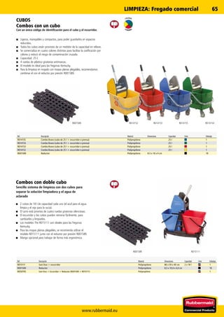 www.rubbermaid.eu
65
R014153 R014155 R014154R014152R001589
R001589 R015111
COLOUR
CODING
Ref. Descripción Material Dimensiones Capacidad Color Embalaje
R014155 Combo Bravo (cubo de 25 l + escurridor o prensa) Polipropileno 25 l 1
R014154 Combo Bravo (cubo de 25 l + escurridor o prensa) Polipropileno 25 l 1
R014153 Combo Bravo (cubo de 25 l + escurridor o prensa) Polipropileno 25 l 1
R014152 Combo Bravo (cubo de 25 l + escurridor o prensa) Polipropileno 25 l 1
R001589 Reductor Polipropileno 8.5 x 10 x 4 cm 10
Ref. Descripción Material Dimensiones Capacidad Color Embalaje
R015111 Sani Duo + escurridor Polipropileno 86 x 59 x 40 cm 2 x 18 l 1
R001589 Reductor Polipropileno 8,5 x 10,0 x 4,0 cm 10
R050795 Sani Duo + Escurridor + Reductor (R001589 + R015111) Polipropileno 1
CUBOS
Combos con un cubo
Con un único código de identificación para el cubo y el escurridor.
■■ Ligeros, manejables y compactos, para poder guardarlos en espacios
reducidos.
■■ Todos los cubos están provistos de un medidor de la capacidad en relieve.
■■ Se comercializa en cuatro colores distintos para facilitar la codificación por
colores y reducir el riesgo de contaminación cruzada.
■■ Capacidad: 25 l.
■■ 4 ruedas de plástico giratorias antimarcas.
■■ El modelo es ideal para las fregonas Kentucky.
■■ Para la limpieza en mojado con mopas planas plegables, recomendamos
combinar el con el reductor por presión R001589.
Combos con doble cubo
Sencillo sistema de limpieza con dos cubos para
separar la solución limpiadora y el agua de
aclarado
■■ 2 cubos de 18 l de capacidad cada uno (el azul para el agua
limpia y el rojo para la sucia).
■■ El carro está provisto de cuatro ruedas giratorias silenciosas.
■■ El escurridor y los cubos pueden retirarse fácilmente, para
cambiarlos y limpiarlos.
■■ Los modelos The R015111 son ideales para las fregonas
Kentucky.
■■ Para las mopas planas plegables, se recomienda utilizar el
modelo R015111 junto con el reductor por presión R001589.
■■ Mango opcional para trabajar de forma más ergonómica.
LIMPIEZA: Fregado comercial
 