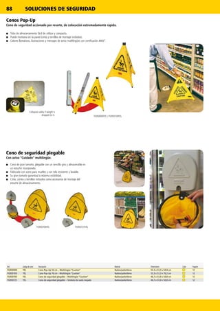 FG9S0000YEL / FG9S0100YEL
FG9S0700YEL FG9S0725YEL
88 SOLUCIONES DE SEGURIDAD
Conos Pop-Up
Cono de seguridad accionado por resorte, de colocación extremadamente rápida.
■■ Tubo de almacenamiento fácil de utilizar y compacto.
■■ Puede montarse en la pared (cinta y tornillos de montaje incluidos).
■■ Colores llamativos, ilustraciones y mensajes de aviso multilingües con certificación ANSI*.
Cono de seguridad plegable
Con aviso “Cuidado” multilingüe.
■■ Cono de gran tamaño, plegable con un sencillo giro y almacenable en
un estuche incorporado.
■■ Fabricado con acero para muelles y con tela resistente y lavable.
■■ Su gran tamaño garantiza la máxima visibilidad.
■■ Cinta, correa y tornillos incluidos como accesorios de montaje del
estuche de almacenamiento.
Collapses safely if weight is
dropped on it.
Ref. Código de color Descripción Material Dimensiones Color Paquete
FG9S0000 YEL Cono Pop-Up 50 cm – Multilingüe “Caution” Nailon/polietileno 53,3 x 53,3 x 50,8 cm 12
FG9S0100 YEL Cono Pop-Up 76 cm – Multilingüe “Caution” Nailon/polietileno 53,3 x 53,3 x 76,2 cm 12
FG9S0700 YEL Cono de seguridad plegable – Multilingüe “Caution” Nailon/polietileno 46,7 x 33,0 x 50,8 cm 12
FG9S0725 YEL Cono de seguridad plegable – Símbolo de suelo mojado Nailon/polietileno 46,7 x 33,0 x 50,8 cm 12
 