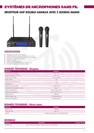 SYSTÈMES DE MICROPHONES SANS FIL
RÉCEPTEUR UHF DOUBLE CANAUX AVEC 2 MICROS MAINS




SPéCIFICATIONS
l	   Récepteur double canaux true diversity
l	   Compatible avec les nouvelles fréquences HF du 01/12/11
l	   Afficheur LCD indiquant le canal, la fréquence, et le volume
l	   Commande marche / arrêt en facade
l	   Réglage de squelch
l	   Rayon de réception de 250 m
l	   2 micros mains unidirectionnels avec afficheur LCD
l	   Ensemble livré dans une malette de transport



données techniques - Récepteur
 Référence                                                                                     Récepteur
 FRÉQUENCE PORTEUSE                                                                            700 - 760
 BANDE PASSANTE Hz - KHz                                                                         40 - 15
 MODE OSCILLATOIRE                                                                           PLL SYSTEM
 MODULATION                                                                                        FM
 TAUX DE DISTORTION 1 KHz                                                                       < 0.5 %
 DYNAMIQUE                                                                                        > 95
 RAPPORT SIGNAL / BRUIT                                                                     > 95 dB à 48 KHz
 PUISSANCE DE SORTIE HF À 50 Ω                                                                   30 mV
 SIGNAL AUDIO MICRO                                                                       400 mV (0 dB), 600 Ω
 IMPÉDANCE DE SORTIE                                                                     2.6 Ω / 10.4 Ω / 41.7 Ω
 ALIMENTATION :                                                                                 350 mA
 SORTIE CANAL A & B                                                                       XLR 3 points femelle
 SORTIES A & B MIXÉES                                                                       Jack 6,35 stéréo




données techniques - Micros mains
 Référence                                                                                     Récepteur
 DIRECTIVITE                                                                                   Cardioïde
 ALIMENTATION                                                                                  1 pile 1.5 v
 CORPS                                                                        Plastique avec afficheur LCD et fonction MUTE




référence
 Référence                                                          Désignation                                               Conditionnement
 ACBRMUHF2                                  RÉCEPTEUR UHF DOUBLE CANAUX AVEC 2 MICROS MAINS                                                1




                                                                                                                                            17
 