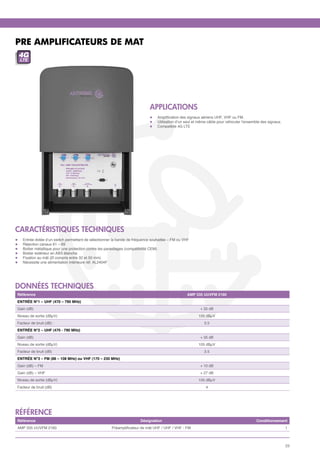 PRE AMPLIFICATEURS DE MAT
 4G
     LTE




                                                                              APPLICATIONS
                                                                              l	   Amplification des signaux aériens UHF, VHF ou FM.
                                                                              l	   Utilisation d’un seul et même câble pour véhiculer l’ensemble des signaux.
                                                                              l	   Compatible 4G LTE




CARACTÉRISTIQUES TECHNIQUES
l	    Entrée dotée d’un switch permettant de sélectionner la bande de fréquence souhaitée – FM ou VHF
l	    Réjection canaux 61 – 69
l	    Boitier métallique pour une protection contre les parasitages (compatibilité CEM)
l	    Boitier extérieur en ABS étanche
l	    Fixation au mât (Ø compris entre 32 et 50 mm)
l	    Nécessite une alimentation intérieure réf. AL2404F




données techniques
 Référence                                                                                          AMP 335 UUVFM 2160
 ENTRÉE N°1 – UHF (470 – 790 MHz)
 Gain (dB)                                                                                                  + 35 dB
 Niveau de sortie (dBµV)                                                                                   105 dBµV
 Facteur de bruit (dB) :                                                                                      3.5
 ENTRÉE N°2 – UHF (470 - 790 MHz)
 Gain (dB)                                                                                                  + 35 dB
 Niveau de sortie (dBµV)                                                                                   105 dBµV
 Facteur de bruit (dB)                                                                                        3.5
 ENTRÉE N°3 – FM (88 – 108 MHz) ou VHF (170 – 230 MHz)
 Gain (dB) – FM                                                                                             + 10 dB
 Gain (dB) – VHF                                                                                            + 27 dB
 Niveau de sortie (dBµV)                                                                                   105 dBµV
 Facteur de bruit (dB)                                                                                         4




référence
 Référence                                                               Désignation                                                          Conditionnement
 AMP 335 UUVFM 2160                                     Préamplificateur de mât UHF / UHF / VHF - FM                                                            1



                                                                                                                                                                23
 