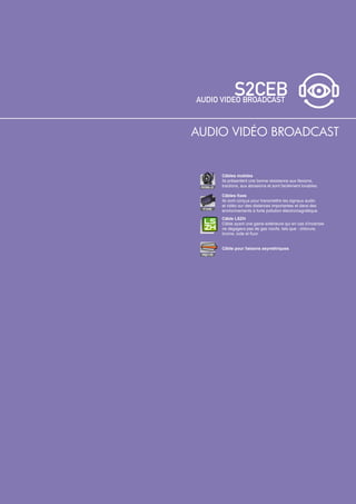 AUDIO VIDÉO BROADCAST


          Câbles mobiles
          Ils présentent une bonne résistance aux flexions,
 MOBILE   tractions, aux abrasions et sont facilement lovables.

          Câbles fixes
          Ils sont conçus pour transmettre les signaux audio
          et vidéo sur des distances importantes et dans des
 FIXE
          environnements à forte pollution électromagnétique.
          Câble LSZH
          Câble ayant une gaine extérieure qui en cas d’incendie
          ne dégagera pas de gaz nocifs, tels que : chlorure,
          brome, iode et fluor.


          Câble pour liaisons asymétriques
 ASYM
 