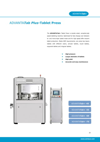 20
www.saintyco.com
ADVANTATab Plus-Tablet Press
The ADVANTATab+ Tablet Press is double sided, versatile,high
speed tableting machine. Optimised for fast change over between
bi- and mono-layer tablet mode and for high speed effer-vescent
tablet production. Meets GMP requirements, can press two layers
tablets with different colors, annular tablets, round tablets,
engraved tablets and irregular tablets.
ADVANTATab+
ADVANTATab+ -69
ADVANTATab+ -55
 High pressure
 Largue diameter of tablets
 High yield
 Accurate and easy maintenance
ADVANTATab+ -45
ADVANTATab+ -75
 