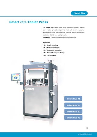 32
www.saintyco.com
Smart Plus-Tablet Press
The Smart Plus Tablet Press is an economical,reliable, pharma
rotary tablet press,developed to meet all current customer
requirements in the Pharmaceutical Industry, offering outstanding
production stability and quality results.
Smart Plus Tablet Press with interchangeable turret.
Highlights
• S = Simple handling
• M = Modular packages
• A = Automated operation
• R = Robust & Compact design
• T = Turret change
Smart Plus
Smart Plus 45
Smart Plus 67
Smart Plus 55
Smart Plus 73
 