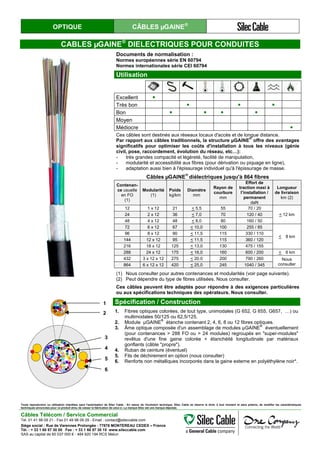 OPTIQUE CÂBLES µGAINE®
CABLES µGAINE®
DIELECTRIQUES POUR CONDUITES
Documents de normalisation :
Normes européennes série EN 60794
Normes internationales série CEI 60794
Utilisation
Excellent ●
Très bon ● ● ●
Bon ● ● ● ●
Moyen
Médiocre ●
Ces câbles sont destinés aux réseaux locaux d'accès et de longue distance.
Par rapport aux câbles traditionnels, la structure µGAINE
®
offre des avantages
significatifs pour optimiser les coûts d'installation à tous les niveaux (génie
civil, pose, raccordement, évolution du réseau, etc…):
- très grandes compacité et légèreté, facilité de manipulation,
- modularité et accessibilité aux fibres (pour dérivation ou piquage en ligne),
- adaptation aussi bien à l'épissurage individuel qu'à l'épissurage de masse.
Câbles µGAINE
®
diélectriques jusqu'à 864 fibres
Contenan-
ce usuelle
en FO
(1)
Modularité
(1)
Poids
kg/km
Diamètre
mm
Rayon de
courbure
mm
Effort de
traction maxi à
l’installation /
permanent
daN
Longueur
de livraison
km (2)
12 1 x 12 21 < 5,5 55 70 / 20
< 12 km24 2 x 12 36 < 7,0 70 120 / 40
48 4 x 12 48 < 8,0 80 160 / 50
72 6 x 12 67 < 10,0 100 255 / 85
< 8 km
96 8 x 12 90 < 11,5 115 330 / 110
144 12 x 12 95 < 11,5 115 360 / 120
216 18 x 12 125 < 13,0 130 475 / 155
288 24 x 12 175 < 16,0 160 600 / 200 < 6 km
432 3 x 12 x 12 275 < 20.0 200 790 / 260 Nous
consulter864 6 x 12 x 12 420 < 25,0 245 1040 / 345
(1) Nous consulter pour autres contenances et modularités (voir page suivante).
(2) Peut dépendre du type de fibres utilisées. Nous consulter.
Ces câbles peuvent être adaptés pour répondre à des exigences particulières
ou aux spécifications techniques des opérateurs. Nous consulter.
2
1
3
4
5
6
Spécification / Construction
1. Fibres optiques colorées, de tout type, unimodales (G 652, G 655, G657, …) ou
multimodales 50/125 ou 62,5/125.
2. Module µGAINE
®
étanche contenant 2, 4, 6, 8 ou 12 fibres optiques.
3. Âme optique composée d'un assemblage de modules µGAINE
®
éventuellement
(pour contenances > 288 FO ou > 24 modules) regroupés en "super-modules"
revêtus d'une fine gaine colorée + étanchéité longitudinale par matériaux
gonflants (câble "propre").
4. Ruban de ceinture (éventuel)
5. Fils de déchirement en option (nous consulter)
6. Renforts non métalliques incorporés dans la gaine externe en polyéthylène noir*.
Toute reproduction ou utilisation interdites sans l'autorisation de Silec Cable - En raison de l'évolution technique, Silec Cable se réserve le droit, à tout moment et sans préavis, de modifier les caractéristiques
techniques annoncées pour ce produit et/ou de cesser la fabrication de celui-ci. La marque Silec est une marque déposée.
Câbles Télécom / Service Commercial
Tel. 01 41 98 09 21 - Fax 01 49 98 09 29 - Email : contact@sileccable.com
Siège social : Rue de Varennes Prolongée - 77876 MONTEREAU CEDEX – France
Tél. : + 33 1 60 57 30 00 Fax : + 33 1 60 57 30 15 www.sileccable.com
SAS au capital de 60 037 000 € - 484 920 194 RCS Melun
 