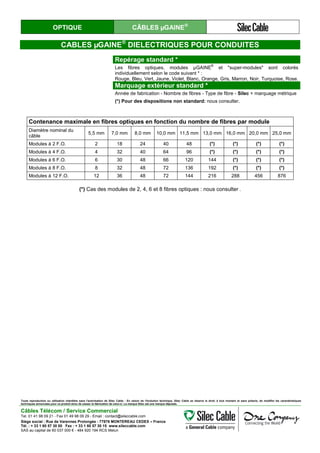 OPTIQUE CÂBLES µGAINE®
CABLES µGAINE®
DIELECTRIQUES POUR CONDUITES
Repérage standard *
Les fibres optiques, modules µGAINE
®
et "super-modules" sont colorés
individuellement selon le code suivant * :
Rouge, Bleu, Vert, Jaune, Violet, Blanc, Orange, Gris, Marron, Noir, Turquoise, Rose.
Marquage extérieur standard *
Année de fabrication - Nombre de fibres - Type de fibre - Silec + marquage métrique
(*) Pour des dispositions non standard: nous consulter.
Contenance maximale en fibres optiques en fonction du nombre de fibres par module
Diamètre nominal du
câble
5,5 mm 7,0 mm 8,0 mm 10,0 mm 11,5 mm 13,0 mm 16,0 mm 20,0 mm 25,0 mm
Modules à 2 F.O. 2 18 24 40 48 (*) (*) (*) (*)
Modules à 4 F.O. 4 32 40 64 96 (*) (*) (*) (*)
Modules à 6 F.O. 6 30 48 66 120 144 (*) (*) (*)
Modules à 8 F.O. 8 32 48 72 136 192 (*) (*) (*)
Modules à 12 F.O. 12 36 48 72 144 216 288 456 876
(*) Cas des modules de 2, 4, 6 et 8 fibres optiques : nous consulter .
Toute reproduction ou utilisation interdites sans l'autorisation de Silec Cable - En raison de l'évolution technique, Silec Cable se réserve le droit, à tout moment et sans préavis, de modifier les caractéristiques
techniques annoncées pour ce produit et/ou de cesser la fabrication de celui-ci. La marque Silec est une marque déposée.
Câbles Télécom / Service Commercial
Tel. 01 41 98 09 21 - Fax 01 49 98 09 29 - Email : contact@sileccable.com
Siège social : Rue de Varennes Prolongée - 77876 MONTEREAU CEDEX – France
Tél. : + 33 1 60 57 30 00 Fax : + 33 1 60 57 30 15 www.sileccable.com
SAS au capital de 60 037 000 € - 484 920 194 RCS Melun
 