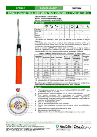 OPTIQUE CÂBLES µGAINE®
CABLES µGAINE®
DIELECTRIQUES POUR CONDUITES ET PLEINE TERRE
Documents de normalisation :
Normes européennes série EN 60794
Normes internationales série CEI 60794
Utilisation
Excellent ● ●
Très bon ● ●
Bon ● ● ● ●
Moyen
Médiocre ●
Ces câbles sont destinés à tous types de réseaux locaux d'accès ou longue
distance..
Leur double gaine avec armure constituée de mèches de verre leur confère une
excellente étanchéité radiale ainsi que des performances mécaniques élevées à
l'écrasement et une action retardatrice contre les rongeurs.
Grâce au concept µGAINE
®
, ces câbles sont très compacts et légers, faciles à
manipuler, optimisés pour l'accès aux fibres (dérivation et piquage en ligne) et
compatibles à la fois avec l'épissurage de masse et l'épissurage individuel.
Câbles µGAINE®
diélectriques pour conduites et pleine terre
Contenance
usuelle en
FO
(1)
Modularité
(1)
Poids
kg/km
Diamètre
mm
Rayon de
courbure
mm
Effort de
traction maxi à
l’installation /
permanent
daN
Longueur
de
livraison
km (2)
12 1 x 12 66 9,2 110 225 / 75
< 12 km36 3 x 12 90 10.6 130 320 / 105
48 4 x 12 110 11,6 150 405 / 135
72 6 x 12 145 13,5 170 545 / 180
< 8 km96 8 x 12 180 15,5 195 670 / 220
144 12 x 12 185 15,5 195 695 / 230
216 18 x 12 230 17,0 215 820 / 273 < 6 km
288 24 x 12 310 21,2 260 1035 / 345 < 4 km
432 3 x 12 x 12 Nous consulter
864 6 x 12 x 12 Nous consulter
(1) Nous consulter pour autres contenances et modularités (voir page suivante).
(2) Peut dépendre du type de fibres utilisées. Nous consulter.
Ces câbles peuvent être adaptés pour répondre à des exigences particulières
ou aux spécifications techniques des opérateurs. Nous consulter.
1
2
7
4
8
3
5
6
Design
1. Fibres optiques colorées, de tout type, unimodales (G 652, G 655, G657, …) ou
multimodales 50/125 ou 62,5/125.
2. Module µGAINE
®
étanche contenant 2, 4, 6, 8 ou 12 fibres optiques.
3. Âme optique composée d'un assemblage de modules µGAINE
®
éventuellement (pour contenances > 288 FO ou > 24 modules ) regroupés en
"super-modules" revêtus d'une fine gaine colorée + étanchéité longitudinale par
matériaux gonflants (câble "propre").
4. Ruban de ceinture (éventuel)
5. Filins de déchirement en option (nous consulter)
6. Renforts non métalliques incorporés dans la gaine interne en polyéthylène
noir*.
7. Armure diélectrique constituée de mèches de verre
8. Gaine externe en polyéthylène noir*
Option: mèches de verre diélectriques remplacées par une armure acier
Toute reproduction ou utilisation interdites sans l'autorisation de Silec Cable - En raison de l'évolution technique, Silec Cable se réserve le droit, à tout moment et sans préavis, de modifier les caractéristiques
techniques annoncées pour ce produit et/ou de cesser la fabrication de celui-ci. La marque Silec est une marque déposée.
Câbles Télécom / Service Commercial
Tel. 01 41 98 09 21 - Fax 01 49 98 09 29 - Email : contact@sileccable.com
Siège social : Rue de Varennes Prolongée - 77876 MONTEREAU CEDEX – France
Tél. : + 33 1 60 57 30 00 Fax : + 33 1 60 57 30 15 www.sileccable.com
SAS au capital de 60 037 000 € - 484 920 194 RCS Melun
 