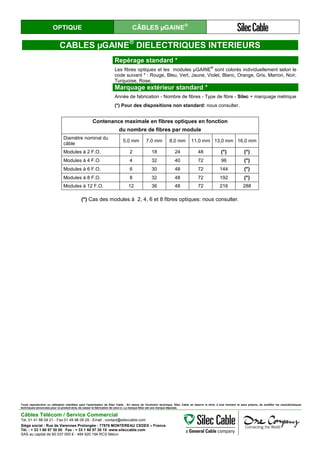 OPTIQUE CÂBLES µGAINE®
CABLES µGAINE®
DIELECTRIQUES INTERIEURS
Repérage standard *
Les fibres optiques et les modules µGAINE
®
sont colorés individuellement selon le
code suivant * : Rouge, Bleu, Vert, Jaune, Violet, Blanc, Orange, Gris, Marron, Noir,
Turquoise, Rose.
Marquage extérieur standard *
Année de fabrication - Nombre de fibres - Type de fibre - Silec + marquage métrique
(*) Pour des dispositions non standard: nous consulter.
Contenance maximale en fibres optiques en fonction
du nombre de fibres par module
Diamètre nominal du
câble
5,0 mm 7,0 mm 8,0 mm 11,0 mm 13,0 mm 16,0 mm
Modules à 2 F.O. 2 18 24 48 (*) (*)
Modules à 4 F.O. 4 32 40 72 96 (*)
Modules à 6 F.O. 6 30 48 72 144 (*)
Modules à 8 F.O. 8 32 48 72 192 (*)
Modules à 12 F.O. 12 36 48 72 216 288
(*) Cas des modules à 2, 4, 6 et 8 fibres optiques: nous consulter.
Toute reproduction ou utilisation interdites sans l'autorisation de Silec Cable - En raison de l'évolution technique, Silec Cable se réserve le droit, à tout moment et sans préavis, de modifier les caractéristiques
techniques annoncées pour ce produit et/ou de cesser la fabrication de celui-ci. La marque Silec est une marque déposée.
Câbles Télécom / Service Commercial
Tel. 01 41 98 09 21 - Fax 01 49 98 09 29 - Email : contact@sileccable.com
Siège social : Rue de Varennes Prolongée - 77876 MONTEREAU CEDEX – France
Tél. : + 33 1 60 57 30 00 Fax : + 33 1 60 57 30 15 www.sileccable.com
SAS au capital de 60 037 000 € - 484 920 194 RCS Melun
 