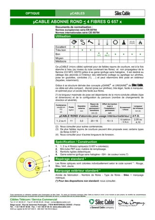 OPTIQUE µCABLES
µCABLE ABONNE ROND < 4 FIBRES G 657 x
Documents de normalisation :
Normes européennes série EN 60794
Normes internationales série CEI 60794
Utilisation
Excellent ●
Très bon ● ●
Bon ●
-10°C
●
+60 °C
● ● ● ●
Moyen
Médiocre
Ce µCABLE (micro câble) optimisé pour de faibles rayons de courbure, est à la fois
étanche à l’eau (au niveau du tube contenant les fibres) et non propagateur de la
flamme (C2 NFC 32070) grâce à sa gaine ignifuge sans halogène. Il est destiné au
câblage des abonnés à l’intérieur des bâtiments (collage ou agrafage sur plinthes,
pose en goulottes, conduites (1), …) et peut néanmoins être posé en extérieur
(façades, notamment).
Grâce à sa structure dérivée des concepts µGAINE
®
et UNIGAINE
®
de Silec Cable,
ce câble est ultra compact, discret (pose sur plinthes), très léger, facile à manipuler,
et optimisé pour un accès très facile aux fibres.
(1) la longueur maximale de pose est dépendante de la micro-conduite utilisée (type
et dimensions) et de la configuration du parcours (nombre de changements de
direction et sévérité).
Contenance
usuelle en
FO
(2)
Poids
kg/km
Diamètre
externe
mm
Rayon de
courbure
permanent /
transitoire
mm (3)
Effort de traction
maxi à
l’installation /
permanent
daN
Ecrasement
/ chocs
Longueur
de livraison
km (4)
µCABLE ROND d'abonnés pour usage intérieur/extérieur < 4 F.O.
1, 2 ou 4 11 3,0 20 / 15 10 / 3
10 daN/cm
/ 5 N.m
2,05 ou
4,10
(2) Nous consulter pour autres contenances.
(3) De plus faibles rayons de courbure peuvent être proposés avec certains types
de fibres G 657 x
(4) Nous consulter pour d’autres longueurs de livraison.
Spécification / Construction
1
2
3
4
1. 1, 2 ou 4 fibre(s) optique(s) G 657 x colorée(s).
2. Mini-tube PBT avec matière de remplissage.
3. Renforts rigides diélectriques
4. Gaine externe ignifuge sans halogène - ISH - de couleur ivoire (*)
Repérage standard *
Les fibres optiques sont colorées individuellement selon le code suivant * : Rouge,
Bleu, Vert, Jaune.
Marquage extérieur standard *
Année de fabrication - Nombre de fibres - Type de fibres - Silec + marquage
métrique.
(*) Pour des dispositions non standard: nous consulter.
Toute reproduction ou utilisation interdites sans l'autorisation de Silec Cable - En raison de l'évolution technique, Silec Cable se réserve le droit, à tout moment et sans préavis, de modifier les caractéristiques
techniques annoncées pour ce produit et/ou de cesser la fabrication de celui-ci. La marque Silec est une marque déposée.
Câbles Télécom / Service Commercial
Tel. 01 41 98 09 21 - Fax 01 49 98 09 29 - Email : contact@sileccable.com
Siège social : Rue de Varennes Prolongée - 77876 MONTEREAU CEDEX – France
Tél. : + 33 1 60 57 30 00 Fax : + 33 1 60 57 30 15 www.sileccable.com
SAS au capital de 60 037 000 € - 484 920 194 RCS Melun
 
