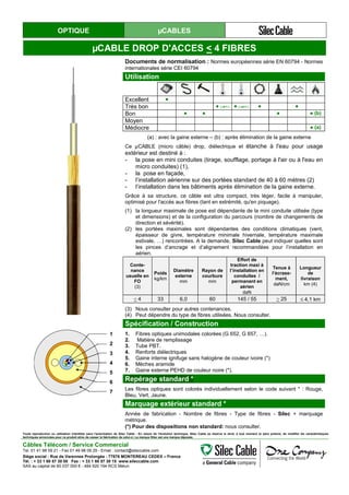 OPTIQUE µCABLES
µCABLE DROP D'ACCES < 4 FIBRES
Documents de normalisation : Normes européennes série EN 60794 - Normes
internationales série CEI 60794
Utilisation
Excellent ●
Très bon ● (-30°C) ● (+60°C) ● ●
Bon ● ● ● ● (b)
Moyen
Médiocre ● (a)
(a) : avec la gaine externe – (b) : après élimination de la gaine externe
Ce µCABLE (micro câble) drop, diélectrique et étanche à l'eau pour usage
extérieur est destiné à :
- la pose en mini conduites (tirage, soufflage, portage à l'air ou à l'eau en
micro conduites) (1),
- la pose en façade,
- l’installation aérienne sur des portées standard de 40 à 60 mètres (2)
- l’installation dans les bâtiments après élimination de la gaine externe.
Grâce à sa structure, ce câble est ultra compact, très léger, facile à manipuler,
optimisé pour l'accès aux fibres (tant en extrémité, qu'en piquage).
(1) la longueur maximale de pose est dépendante de la mini conduite utilisée (type
et dimensions) et de la configuration du parcours (nombre de changements de
direction et sévérité).
(2) les portées maximales sont dépendantes des conditions climatiques (vent,
épaisseur de givre, température minimale hivernale, température maximale
estivale, …) rencontrées. A la demande, Silec Cable peut indiquer quelles sont
les pinces d’ancrage et d’alignement recommandées pour l’installation en
aérien.
Conte-
nance
usuelle en
FO
(3)
Poids
kg/km
Diamètre
externe
mm
Rayon de
courbure
mm
Effort de
traction maxi à
l’installation en
conduites /
permanent en
aérien
daN
Tenue à
l’écrase-
ment,
daN/cm
Longueur
de
livraison
km (4)
< 4 33 6,0 60 145 / 55 > 25 ≤ 4,1 km
(3) Nous consulter pour autres contenances.
(4) Peut dépendre du type de fibres utilisées. Nous consulter.
Spécification / Construction
1. Fibres optiques unimodales colorées (G 652, G 657, …).
2. Matière de remplissage
3. Tube PBT.
4. Renforts diélectriques
5. Gaine interne ignifuge sans halogène de couleur ivoire (*)
6. Mèches aramide
7. Gaine externe PEHD de couleur noire (*).
Repérage standard *
Les fibres optiques sont colorés individuellement selon le code suivant * : Rouge,
Bleu, Vert, Jaune.
Marquage extérieur standard *
Année de fabrication - Nombre de fibres - Type de fibres - Silec + marquage
métrique.
(*) Pour des dispositions non standard: nous consulter.
1
2
3
4
5
6
7
1
2
3
4
5
6
7
Toute reproduction ou utilisation interdites sans l'autorisation de Silec Cable - En raison de l'évolution technique, Silec Cable se réserve le droit, à tout moment et sans préavis, de modifier les caractéristiques
techniques annoncées pour ce produit et/ou de cesser la fabrication de celui-ci. La marque Silec est une marque déposée.
Câbles Télécom / Service Commercial
Tel. 01 41 98 09 21 - Fax 01 49 98 09 29 - Email : contact@sileccable.com
Siège social : Rue de Varennes Prolongée - 77876 MONTEREAU CEDEX – France
Tél. : + 33 1 60 57 30 00 Fax : + 33 1 60 57 30 15 www.sileccable.com
SAS au capital de 60 037 000 € - 484 920 194 RCS Melun
 