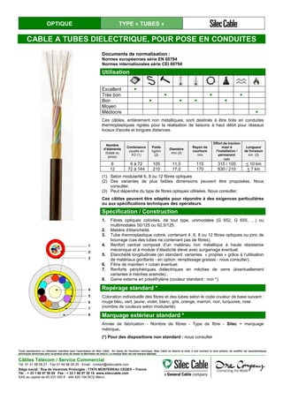 OPTIQUE TYPE « TUBES »
CABLE A TUBES DIELECTRIQUE, POUR POSE EN CONDUITES
Documents de normalisation :
Normes européennes série EN 60794
Normes internationales série CEI 60794
Utilisation
Excellent ●
Très bon ● ● ●
Bon ● ● ● ●
Moyen
Médiocre ●
Ces câbles, entièrement non métalliques, sont destinés à être tirés en conduites
thermoplastiques rigides pour la réalisation de liaisons à haut débit pour réseaux
locaux d'accès et longues distances.
CÂBLES DIELECTRIQUES POUR POSE EN
Nombre
d’éléments
(tubes ou
joncs)
Contenance
usuelle en
FO (1)
Poids
kg/km
(2)
Diamètre
mm (2)
Rayon de
courbure
mm
Effort de traction
maxi à
l’installation /
permanent
daN
Longueur
de livraison
km (3)
6 6 à 72 105 11,5 115 315 / 105 < 10 km
12 72 à 144 210 17,0 170 630 / 210 < 7 km
(1) Selon modularité 6, 8 ou 12 fibres optiques
(2) Des variantes de plus faibles dimensions peuvent être proposées. Nous
consulter.
(3) Peut dépendre du type de fibres optiques utilisées. Nous consulter.
Ces câbles peuvent être adaptés pour répondre à des exigences particulières
ou aux spécifications techniques des opérateurs
Spécification / Construction
1. Fibres optiques colorées, de tout type, unimodales (G 652, G 655, …) ou
multimodales 50/125 ou 62,5/125.
2. Matière d'étanchéité.
3. Tube thermoplastique coloré, contenant 4, 6, 8 ou 12 fibres optiques ou jonc de
bourrage (cas des tubes ne contenant pas de fibres).
4. Renfort central composé d’un matériau non métallique à haute résistance
mécanique et à module d’élasticité élevé avec surgainage éventuel.
5. Etanchéité longitudinale (en standard: variantes « propres » grâce à l’utilisation
de matériaux gonflants - en option: remplissage graisse - nous consulter).
6. Filins de maintien + ruban éventuel.
7. Renforts périphériques diélectriques en mèches de verre (éventuellement
variantes à mèches aramide) .
8. Gaine externe en polyéthylène (couleur standard : noir *).
1
2
3
4
5
6
7
8
Repérage standard *
Coloration individuelle des fibres et des tubes selon le code couleur de base suivant :
rouge bleu, vert, jaune, violet, blanc, gris, orange, marron, noir, turquoise, rose
(nombre de couleurs selon modularité)
Marquage extérieur standard *
Année de fabrication - Nombre de fibres - Type de fibre - Silec + marquage
métrique.
(*) Pour des dispositions non standard : nous consulter
Toute reproduction ou utilisation interdites sans l'autorisation de Silec Cable - En raison de l'évolution technique, Silec Cable se réserve le droit, à tout moment et sans préavis, de modifier les caractéristiques
techniques annoncées pour ce produit et/ou de cesser la fabrication de celui-ci. La marque Silec est une marque déposée.
Câbles Télécom / Service Commercial
Tel. 01 41 98 09 21 - Fax 01 49 98 09 29 - Email : contact@sileccable.com
Siège social : Rue de Varennes Prolongée - 77876 MONTEREAU CEDEX – France
Tél. : + 33 1 60 57 30 00 Fax : + 33 1 60 57 30 15 www.sileccable.com
SAS au capital de 60 037 000 € - 484 920 194 RCS Melun
 