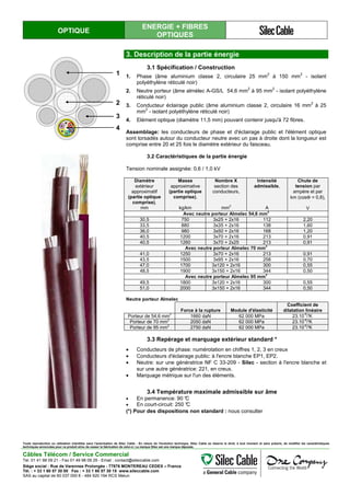 OPTIQUE
ENERGIE + FIBRES
OPTIQUES
1
2
3
4
3. Description de la partie énergie
3.1 Spécification / Construction
1. Phase (âme aluminium classe 2, circulaire 25 mm
2
à 150 mm
2
- isolant
polyéthylène réticulé noir)
2. Neutre porteur (âme almélec A-GS/L 54,6 mm
2
à 95 mm
2
- isolant polyéthylène
réticulé noir)
3. Conducteur éclairage public (âme aluminium classe 2, circulaire 16 mm
2
à 25
mm
2
- isolant polyéthylène réticulé noir)
4. Elément optique (diamètre 11,5 mm) pouvant contenir jusqu'à 72 fibres.
Assemblage: les conducteurs de phase et d'éclairage public et l'élément optique
sont torsadés autour du conducteur neutre avec un pas à droite dont la longueur est
comprise entre 20 et 25 fois le diamètre extérieur du faisceau.
3.2 Caractéristiques de la partie énergie
Tension nominale assignée: 0,6 / 1,0 kV
Diamètre
extérieur
approximatif
(partie optique
comprise),
mm
Masse
approximative
(partie optique
comprise),
kg/km
Nombre X
section des
conducteurs,
mm2
Intensité
admissible,
A
Chute de
tension par
ampère et par
km (cosΦ = 0,8),
V
Avec neutre porteur Almelec 54,6 mm2
30,5 750 3x25 + 2x16 112 2,20
33,5 880 3x35 + 2x16 138 1,60
36,0 980 3x50 + 2x16 168 1,20
40,5 1200 3x70 + 2x16 213 0,91
40,5 1260 3x70 + 2x25 213 0,91
Avec neutre porteur Almelec 70 mm2
41,0 1250 3x70 + 2x16 213 0,91
43,5 1500 3x95 + 2x16 258 0,70
47,0 1700 3x120 + 2x16 300 0,55
48,5 1900 3x150 + 2x16 344 0,50
Avec neutre porteur Almelec 95 mm2
49,5 1800 3x120 + 2x16 300 0,55
51,0 2000 3x150 + 2x16 344 0,50
Neutre porteur Almelec
Force à la rupture Module d'élasticité
Coefficient de
dilatation linéaire
Porteur de 54,6 mm2
1660 daN 62 000 MPa 23.10-6
/°K
Porteur de 70 mm2
2050 daN 62 000 MPa 23.10-6
/°K
Porteur de 95 mm2
2750 daN 62 000 MPa 23.10-6
/°K
3.3 Repérage et marquage extérieur standard *
• Conducteurs de phase: numérotation en chiffres 1, 2, 3 en creux
• Conducteurs d'éclairage public: à l'encre blanche EP1, EP2.
• Neutre: sur une génératrice NF C 33-209 - Silec - section à l'encre blanche et
sur une autre génératrice: 221, en creux.
• Marquage métrique sur l'un des éléments.
3.4 Température maximale admissible sur âme
• En permanence: 90 °C
• En court-circuit: 250 °C
(*) Pour des dispositions non standard : nous consulter
Toute reproduction ou utilisation interdites sans l'autorisation de Silec Cable - En raison de l'évolution technique, Silec Cable se réserve le droit, à tout moment et sans préavis, de modifier les caractéristiques
techniques annoncées pour ce produit et/ou de cesser la fabrication de celui-ci. La marque Silec est une marque déposée.
Câbles Télécom / Service Commercial
Tel. 01 41 98 09 21 - Fax 01 49 98 09 29 - Email : contact@sileccable.com
Siège social : Rue de Varennes Prolongée - 77876 MONTEREAU CEDEX – France
Tél. : + 33 1 60 57 30 00 Fax : + 33 1 60 57 30 15 www.sileccable.com
SAS au capital de 60 037 000 € - 484 920 194 RCS Melun
 