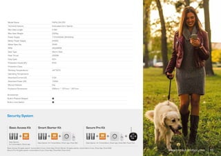●
●
Accessories
Built-in Physical Stopper
Built-in Limit Switch
PAPILLON 250
Articulated Arm Opener
2.5M
250Kg
110-240VAC (50-60Hz)
24VDC
5540
2600RPM
Worm Gear
2500N
20%
IP44
-20~50°C
5.5A
144W
Key
256mm * 187mm * 267mm
Model Name
Technical Feature
Max Gate Length
Max Gate Weight
Power Supply
Motor Power Supply
Motor Spec No.
RPM
Gear Type
Peak Thrust
Duty Cycle
Protection Grade (IP)/
Protection Class
Working Temperature/
Operating Temperature
Absorbed Current (A)
Absorbed Power (W)
Manual Release
Enclosure Dimensions
www.tmt-automation.com 16
Security System
Basic Access Kit (gate opener, transmitters 2 pcs, Chow App). Smart Starter Kit (gate opener, transmitters 2 pcs, Chow App, Chow Bell).
Secure Pro Kit (gate opener, transmitters 2 pcs, Chow App, Chow Bell, Chow Cam).
Basic Access Kit Smart Starter Kit Secure Pro Kit
+ + + + + +
Gate Opener,
2x Transmitters, Chow! app
Gate Opener, 2x Transmitters, Chow! app, Chow Bell Gate Opener, 2x Transmitters, Chow! app, Chow Bell, Chow Cam
 