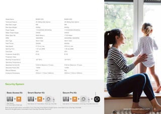 BOXER 500
DC Sliding Gate Opener
6M
500Kg
110-240VAC (50-60Hz)
24VDC
5844 Motor L
3800RPM
Worm Gear
5000N
21.9 cm/sec
< 27 sec (6M)
20%
IP 44
-20~50°C
5.5A for Maximum 10 secs
144W
Key
250mm*170mm*265mm
BOXER 800
DC Sliding Gate Opener
8M
800Kg
110-240VAC (50-60Hz)
24VDC
7152 Motor
2600RPM/3600RPM
Worm Gear
8000N
25.8 cm/sec
< 36 sec (8M)
20%
IP 44
-20~50°C
5.5A for Maximum 10 secs
144W
Key
250mm*170mm*265mm
Model Name
Technical Feature
Max Gate Length
Max Gate Weight
Power Supply
Motor Power Supply
Motor Spec No.
RPM
Gear Type
Peak Thrust
Gate Speed
Opening Time
Duty Cycle
Protection Grade (IP)/
Protection Class
Working Temperature/
Operating Temperature
Absorbed Current (A)
Absorbed Power (W)
Manual Release
Enclosure Dimensions
www.tmt-automation.com 8
Security System
Basic Access Kit (gate opener, transmitters 2 pcs, Chow App). Smart Starter Kit (gate opener, transmitters 2 pcs, Chow App, Chow Bell).
Secure Pro Kit (gate opener, transmitters 2 pcs, Chow App, Chow Bell, Chow Cam).
Basic Access Kit Smart Starter Kit Secure Pro Kit
+ + + + + +
Gate Opener,
2x Transmitters, Chow! app
Gate Opener, 2x Transmitters, Chow! app, Chow Bell Gate Opener, 2x Transmitters, Chow! app, Chow Bell, Chow Cam
 