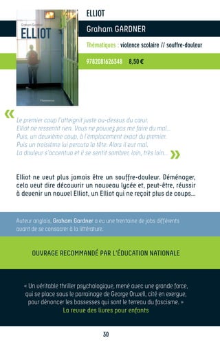 ELLIOT
                                 Graham GARDNER
                                 Thématiques : violence scolaire // souffre-douleur

                                 9782081626348 8,50 €




«   Le premier coup l’atteignit juste au-dessus du cœur.
    Elliot ne ressentit rien. Vous ne pouvez pas me faire du mal…
    Puis, un deuxième coup, à l’emplacement exact du premier.


                                                                    »
    Puis un troisième lui percuta la tête. Alors il eut mal.
    La douleur s’accentua et il se sentit sombrer, loin, très loin…


    Elliot ne veut plus jamais être un souffre-douleur. Déménager,
    cela veut dire découvrir un nouveau lycée et, peut-être, réussir
    à devenir un nouvel Elliot, un Elliot qui ne reçoit plus de coups…


    Auteur anglais, Graham Gardner a eu une trentaine de jobs différents
    avant de se consacrer à la littérature.


          Ouvrage recommandé par l’Éducation Nationale



       « Un véritable thriller psychologique, mené avec une grande force,
       qui se place sous le parrainage de George Orwell, cité en exergue,
         pour dénoncer les bassesses qui sont le terreau du fascisme. »
                       La revue des livres pour enfants


                                        30
 