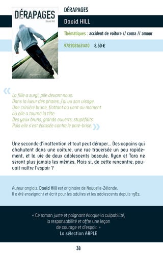 DÉRAPAGES
                                   David HILL
                                   Thématiques : accident de voiture // coma // amour

                                   9782081631410 8,50 €




«   La fille a surgi, pile devant nous.
    Dans la lueur des phares, j’ai vu son visage.
    Une crinière brune, flottant au vent au moment
    où elle a tourné la tête.


                                                    »
    Des yeux bruns, grands ouverts, stupéfaits.
    Puis elle s’est écrasée contre le pare-brise.


    Une seconde d’inattention et tout peut déraper… Des copains qui
    chahutent dans une voiture, une rue traversée un peu rapide-
    ment, et la vie de deux adolescents bascule. Ryan et Tara ne
    seront plus jamais les mêmes. Mais si, de cette rencontre, pou-
    vait naître l’espoir ?


    Auteur anglais, David Hill est originaire de Nouvelle-Zélande.
    Il a été enseignant et écrit pour les adultes et les adolescents depuis 1982.



               « Ce roman juste et poignant évoque la culpabilité,
                       la responsabilité et offre une leçon
                             de courage et d’espoir. »
                               La sélection ARPLE

                                          38
 