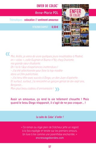 ENFER DE COLOC’
                          Anne-Marie POL
Thématiques : colocation // sentiment amoureux

                        9782081240957        8,50 €




«   Moi, Arièle, je viens de vivre quelques jours inoubliables à Madrid,
    en « coloc », calle Guzman el Bueno n°67, chez Charlotte,
    ma grande sœur étudiante.
    Oh ! là là ! Que d’expériences inattendues !
    – J’ai été sélectionnée pour faire la top-modèle
    dans un film publicitaire.
    – J’ai tenu tête avec succès à Diego, un don Juan d’opérette.
    Et surtout, surtout, j’ai rencontré un garçon génial de dix-sept ans,


                                               »
    Benjamin…
    Mon plus beau cadeau d’anniversaire !


    Avoir un amoureux, ça rend la vie tellement chouette ! Mais
    quand le beau Diego réapparait, il s’agit de ne pas craquer… !



                           La suite de Coloc’ d’enfer !


             « Ce roman au style plein de fraîcheur jette un regard
              à la fois espiègle et tendre sur les premiers amours.
              Un livre à lire comme une parenthèse enchantée. »
                             encresvagabondes.com

                                        57
 