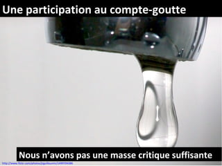 Une participation au compte-goutte




            Nous n’avons pas une masse critique suffisante
http://www.flickr.com/photos/jrguillaumin/1499704386
 