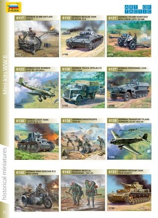 Mini-kits WW II

6117

GERMAN 20-MM ANTI-AIRCRAFT

GERMAN DIVE BOMBER
Ju-87 B2 «STUKA»

1/144

historical miniatures

6130

32

1/72

6126

german light tank
Pz.kpfw.38 (t)

6136

GERMAN TRUCK OPELBLITZ
1937-1944

6143

1/72

GERMAN 105-mm HOWITZER
WITH CREW LeFH 18/18m

6127

32
GERMAN PERSONNEL CARRIER

1/100

german paratroops
1939-42

1/72

german wwii sidecar r12
with crew

6121

1/72

1/100

1/100

6142

GERMAN MEDIUM TANK
Pz.Kpfw. III G

1/100

1/72

6123

6119

6139

GERMAN transport plane
junkers Ju-52 1932-45

1/200

German Medical
Personnel 1941-43

6151

1/100

GERMAN medium tank
PZ-iv ausf.d

 
