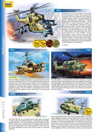 Helicopters

SOVIET ATTACK HELICOPTER
MIL MI-24V/VP HIND E

Production of the combat helicopter
Mi-24V started in 1976. This version was
equipped with the radically new antitank
missile system «Shturm-V» with guidance
system «Raduga-Sh», capable of striking
targets with the highest accuracy – more
than 92%. In other words 9 or even 10
out of 10 discharged missiles hit their
designed targets. The Mi-24V excelled
its American counterpart, AH-1S Super
Cobra in combat efficiency. From 1976
to 1986 about thousand Mi-24V were
manufactured in the USSR. These
helicopters saw action during the
Afghanistan conflict as a part of the Soviet
Armies. Many of them were exported in
several countries allied with the USSR.
Nowadays the Mi-24V is still the backbone
of the Russian Army Aviation.
L: 29,8 см

russian attack helicopter «NIGHT HUNTER»

MIL MI-28Ne «NIGHT HAVOC»

L: 24,0 см

L: 21,0 см

The Ka-50SH combat helicopter is a modernized version
of the Ka-50 Black Shark. The Ka-50SH features the new
Samshit-50T thermal imaging system which provides a
greatly enhanced target search, detection, and tracking
capability combined with target destruction using laser
guided missiles. The Ka-50SH is considered one of the
best attack helicopters in the world due to its combat
capabilities.

The Mi-28N is designed to conduct tactical combat
missions both day and night under any weather conditions.
The helicopter’s first flight occurred in November of 1986.
The Mi-28N employs composite rotor blades capable of
withstanding the impact of 30-mm anti-aircraft rounds
and is equipped with night vision and enhanced weapons
control systems.
MIL MI-26 SOVIET HEAVY
HELICOPTER «HALO»

series 1/72

RUSSIAN ATTACK HELICOPTER
MIL MI-35M HIND E

4

L: 47,0 см
L: 29,5 см

The MiL MI-35 is a multipurpose helicopter Gunship
– «Flying Infantry Fighting Vehicle», developed by the MiLDesign Bureau. It is an advanced version based on the
MI-24, which saw combat use in the Afghanistan conflict
and is in military use in over 50 countries. It can carry up
to 8 fully equipped troops and 2,4t of load on external
stations.

The helicopter Mi-26 is the heaviest helicopter in service
today. With the advent of this helicopter at the beginning
of the 1970ies, the army obtained the perfect transport
vehicle for fast troop deployment. The Mi-26 was used by
Russian air force during the first and second Chechnya
wars. The total number produced was 276 helicopters.
Mi-26s were adopted by the air forces of CIS countries,
India, Malaysia, Peru, South Korea and it is used as a civil

 