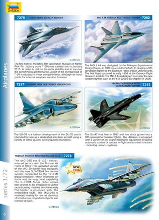 7275

MIG 1.44 RUSSIAN MULTI-ROLE FIGHTER

T-50 Russian Stealth Fighter

Airplanes

L: 29,5 см

7217

RUSSIAN TANK DESTROYER «FROGFOOT»

The SU-39 is a further development of the SU-25 and is
intended for use as a dedicated anti-tank aircraft using a
variety of lethal guided and unguided munitions.

Russian fighter Mikoyan MiG-29S (9-13)

series 1/72

L: 30,7 см

The first flight of the latest fifth-generation Russian jet fighter
PAK-FA (factory code T-50).was carried out in January The MiG 1.44 was designed by the Mikoyan Experimental
2010. In order to reduce the radar visibility and to improve Design Bureau in 1986 as a result of efforts to develop a fifth
the aerodynamic performance, a part of the combat load of generation fighter for the Soviet Air Force and Air Defense units.
T-50 is situated in inner compartments, although six hard- The first flight occurred in early 1994 at the Gromov Flight
Research Institute. The MiG 1.44 is designed to counter the new
points for external weapons are also foreseen.
western fighters such as the F/A-22 and Eurofighter EF-2000.

L: 21,0 см

The MiG-29S (or 9-13S) aircraft
entered service with the Russian Air
Force in 1994. This upgraded version
of the MiG-29 fighter was equipped
with the new SUV-29M4 fire control
system connected to the Ts101M
digital computer, which improved airto-air and air-to-ground capability.
The N-019M Topaz radar allows
two targets to be engaged by active
radar homing missiles simultaneously.
The fighter is equipped with the
embedded ECM. The MiG-29S is
intended mainly for the air defense
of small areas, important objects and
combat groups.
L: 24,0 см

6

7252

7278

«BERKUT» russian fifth
generation fighter

7215

L: 31,0 см

The Su-47 first flew in 1997 and has since grown into a
fifth generation Russian fighter. The «Berkut» is equipped
with a variety of on-board electronic equipment enabling
automatic control of various in-flight and combat functions
– including «smart» systems.

 