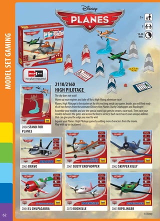 7+
2

model set gaming

15-30
min.

2110/2160
High pilotage

2068 Stand for
planes

The sky does not wait!
Warm up your engines and take off for a high-flying adventure race!
Planes: High Pilotage is the starter set for this exciting aerial race game. Inside, you will find models of two heroes from the animated Disney film Planes: Dusty Crophopper and Ripslinger!
Assemble your models and use the special stand-up gates to create a race track. Then race your
models between the gates and across the line to victory! Each racer has its own unique abilities
that can give you the edge you need to win!
Expand your Planes: High Pilotage game by adding more characters from the movie.
Play with up to six players!

2065 Bravo

2062 skipper riley

2064 El Chupacabra
62

2061 Dusty Crophopper

2070 Rochelle

2063 RIpslinger
© Disney

 