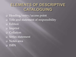








Heading/entry/access point
Title and statement of responsibility
Edition
Imprint
Collation
Series statement
Notes area
ISBN

 