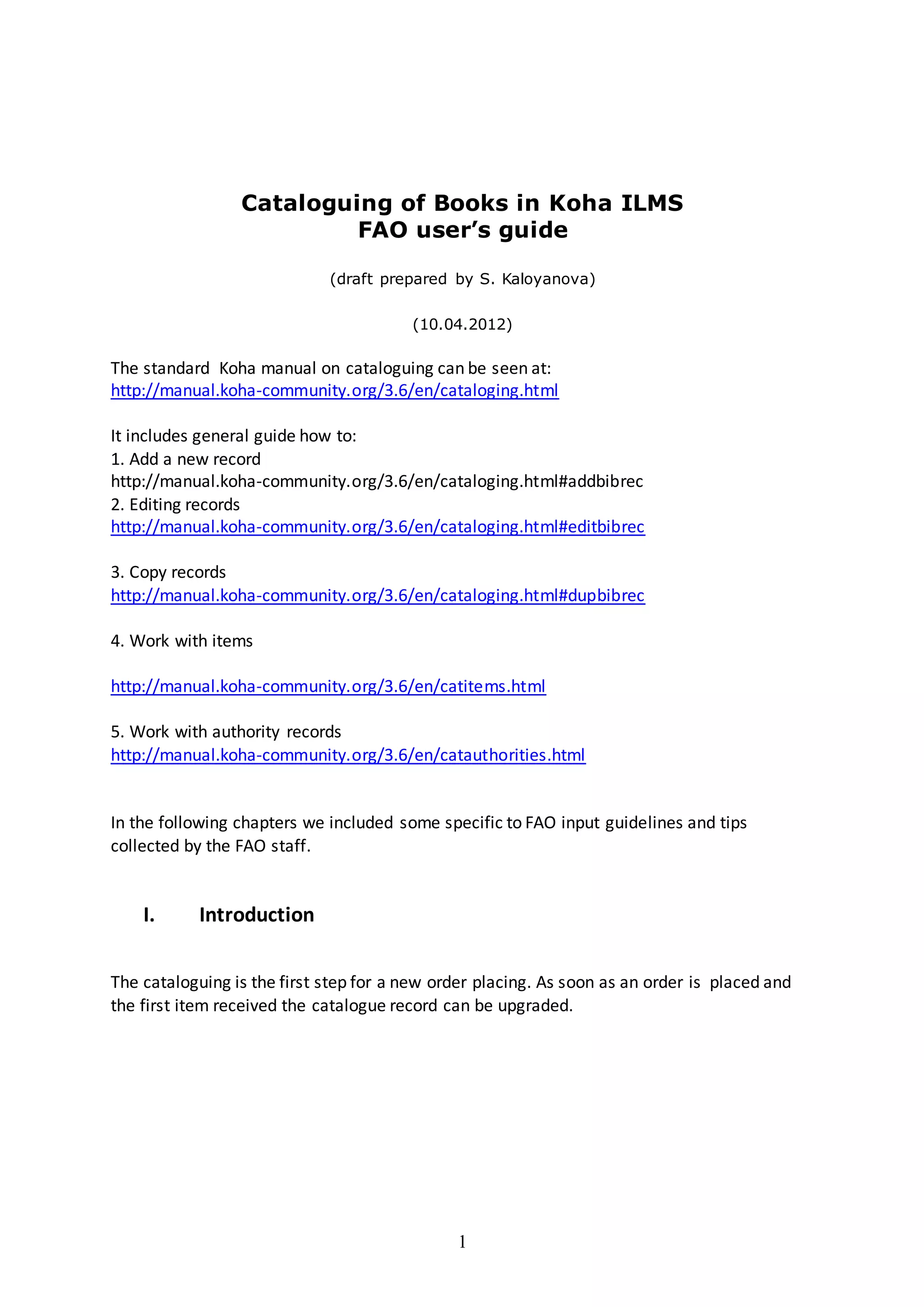 Cataloguing of Books in Koha ILMS FAO user’s guide DOCX