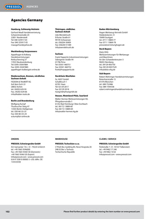 102 Please find further product details by entering the item number on www.pressol.com
Hamburg, Schleswig-Holstein
Gerhard Maaß Handelsvertretung
Schwentinestraße 24
22851 Norderstedt
Tel: 040 325917-03
Fax: 040 325917-05
maasgerhard@yahoo.de
Mecklenburg-Vorpommern
Appelhagen  Kolberg
Handelsvertretungen
Rotbuchenring 27
17033 Neubrandenburg
Tel: 0395-35047884
Fax: 0395-35047885
appelhagen-kolberg@t-online.de
Niedersachsen, Bremen, nördliches
Sachsen-Anhalt
FEDDEN  TAUBERT KG
Auf dem Esch 22
28832 Achim
tel.: 04202 629-50
Fax.: 04202 629-66
info@fedden-tools.de
Berlin und Brandenburg
Wolfgang Kumpf
Thurbrucher Steig 47
13503 Berlin-Heiligensee
tel.: 030 46125-25
Fax: 030 46125-24
w.kumpf@t-online.de
Thüringen, südliches
Sachsen-Anhalt
Udo Wendelmuth
Erfurter Straße 61
99195 Schwansee
tel.: 036204 50409
Fax: 036204 51589
info@wendelmuth.de
Sachsen
Frank Papperitz Industrievertretungen
Söbrigener Straße 44
01796 Pirna
Tel: 03501 460751
Fax: 03501 460752
frank@hvpapperitz.de
Nordrhein-Westfalen
Fa. HAST GmbH
Schallbruch 1
42781 Haan
Tel: 02129 2017
Fax: 02129 2018
hastgmbh@hastgmbh.de
Hessen, Rheinland-Pfalz, Saarland
Walter Hermes Werksvertretungen KG
Pfingstbornstraße 5
61352 Bad Homburg/ Ober-Eschbach
tel.: 06172 13889-60
Fax: 06172 13889-69
info@walter-hermes-kg.de
Baden-Württemberg
Hagen Werkzeug-Vertrieb GmbH
Holderäckerstr. 21
70499 Stuttgart
tel.: 0711 13869-77
Fax: 0711 13869-78
pressol@vertretunghagen.de
Nord-Bayern
Dietz OHG
Werksvertretungen für Werkzeuge
und Maschinen
An den Schwedenkreuzen 3
90455 Nürnberg
tel.: 09129-905750
Fax: 09129-9057529
info@dietz-ohg.de
Süd-Bayern
Robert Mehringer Handelsvertretungen
Rotenhanstraße 15
81476 München
tel.: 089 752486
Fax: 089 7594338
robert.mehringer@handelsvertreter.de
Orders
PRESSOL Schmiergeräte GmbH
Am Gansacker 10 c • D - 79224 Umkirch
tel. +49 7665 9346000
Fax +49 7665 9346130 (Domestic)
+49 7665 9346120 (Export)
Info@pressol.com • www.pressol.com
ILN 41 03810 00000 3 • USt.-IdNr.: DE
133533558
Warehouse
PRESSOL Tschechien s.r.o.
CTPark Bor, building B5, Nová Hospoda 20
348 02 Bor u Tachova
Tschechische Republik
Claims / Service
PRESSOL Schmiergeräte GmbH
Parkstraße 7 • D - 93167 Falkenstein
tel. +49 9462 17 246
Fax +49 9462 10 63
Info@pressol.com • www.pressol.com
Agencies Germany
Agencies
 