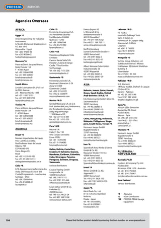 104 Please find further product details by entering the item number on www.pressol.com
Agencies
AFRIcA
Egypt *D
Union Engineering for Industrial
Instruments
6, Sheikh Mohamed Shalaby street
P.O. Box 1915
Alexandria - Egypt
tel. +203 47000-30
Fax +203 47000-31
hedo@hedogroup.com
Morocco *A
Pierre et Denis Jacques Bineau
Boite Postale 154
F - 47005 Agen
tel. +33 553 669283
Fax +33 553 663037
binefr@wanadoo.fr
binefr@menara.ma
South Africa
Lincoln Lubrication SA (Pty) Ltd
66 Fifth Avenue
ZA – Alberton North, 1449
tel. +27 11 907 1192
Fax +27 011 869 9293
lesley@lincolnsa.com
Tunisia *A
Pierre et Denis Jacques Bineau
Boite Postale 154
F - 47005 Agen
tel. +33 553 669283
Fax +33 553 663037
binefr@wanadoo.fr
binefr@menara.ma
AMERIcA
Brazil *D
Bremen Importadora de Equip.
Para Lubrificacao Ltda.
Rua Professor Joao de Souza
Ribeiro, 720
CEP 90245-470
Porto Alegre-RS
Brazil
tel. +55 51 320 10-132
Fax +55 51 320 10-133
edoviega@bremenimportadora.com.br
Chile *A
B.F.B. Representaciones Ferreteras S.A.
Avda. Del Parque 5339, of 310
Ciudad Empresarial – Huechuraba
Santiago - Chile
tel. +56 2 58084-46
Fax +56 2 58084-41
laura@bfb.cl
Chile *D
Ferreteria Amunategui S.A.
Av. Presidente Edoardo
Frei Montalva Nº6008
Quilicura – Chile
tel. +56 2 6968244
Fax +56 2 6721492
feram@feram.cl
Chile * GE
Polietilenos Bioplastic Chile
Limitada
Camino Santa Sofia S/N
Parcela 1, Calera de tango
Casilla 77 los Cerrillas
562 Santiago
Tel: +56 562 71 55 200
cemm@rotoplastic.cl
Guatemala *D
Ferreteria Lewonski S.A.
Boulevard Liberacion 2-29
Zona 9, 01009
Guatemala Ciudad
tel. +502 2 3343521
Fax +502 2 3326379
import@lewonski.com
Mexico *A/D
Gimbel Mexicana S.A. de C.V.
Prol. Moliere #46, esq. Andromaco,
Col Ampliación Granada
Delg. Miguel Hidalgo
11529 Mexico D.F.
tel. +52 55 11012-300
Fax +52 55 11012-323
gimbel@gimbel.com.mx
Peru *A/D
Heuma S.A.
Calle 31 No. 130
Urb. Corpac San Isidro
Lima - PERU
tel. +51 1 4769290
Fax +51 1 4764083
heuma@heuma.net
Belize, Bolivia, Costa Rica,
Ecuador, El Salvador, Guyana,
Honduras, Caribean, Columbia,
Cuba, Nicaragua, Panama,
Paraguay, Surinam, Uruguay,
Venezuela
various distributors
Cocaco Trading GmbH
Lempstraße 24
42859 Remscheid
tel. +49 2191 911-5
Fax +49 2191 911-666
office@cocacotrade.de
Louis Delius GmbH  Co.
Parkallee 32
28209 Bremen
tel. +49 421 346 20 24
Fax +49 421 349 93 68
ventas@louis-delius.com
Eweco-Export KG
L. Wienandt  Co.
Bendemannstraße 9
40210 Düsseldorf
tel. +49 211 169 763 21
Fax +49 211 169 763 11
anne.cohaupt@eweco.de
Korff  Honsberg
Daniel-Schürmann-Straße 41
42853 Remscheid
tel. +49 2191 9252-0
Fax +49 2191 9252-33
korberg@angelito.de
Albert Meissner Sohn GmbH
Industriestraße 33
42287 Wuppertal
tel. +49 202 26567-0
Fax +49 202 26567-29
meissner@wtal.de
Asia
Bahrain, Jemen, Qatar, Kuwait,
Oman, Saudi Arabia, United
Arab Emirates / U.A.E. *A
E.G. Kistenmacher GmbH  Co. KG
Sachsenstraße 5
20097 Hamburg
tel. +49 40 236985-0
Fax +49 40 236985-10
info@kistenmacher.de
www.kistenmacher.de
China, Hong Kong, Indonesia,
Malaysia, Philippines, Singa­
pore, South Korea, Taiwan *A
Hermann Jaeger GmbH
Bugdahnstraße 5
22767 Hamburg
tel. +49 40 3069270
Fax +49 40 387523
tools@hunter-hamburg.de
Iran *A
Spannkraft Artur Rinke  Söhne
GmbH  Co. KG
Klausener Straße 159-163
42899 Remscheid
tel. +49 2191 9555-0
Fax +49 2191 9555-55
SpannkraftKlausRinke@t-online.de
Israel *A
Wetec GmbH  Co. KG
Jägerwald 11
42897 Remscheid
Tel: +49 2191 5626 170
Fax: +49 2191 5626 26 170
wf@wetec.de
Japan *A
Kiichi Tools Co., Ltd.
8-14, 3-chome, Itachibori
Nishi-ku
Osaka - Japan
tel. +81 6 65433932
Fax +81 6 65328611
hirotee@ibm.net
Lebanon *A/D
HS TOOLS
Haddad  Sabbagh Tools
Sami Al Soloh str.
Hammouch  Copayan bldg.
Mansourieh El-Metn
Lebanon
tel. +961 3 756502
Fax +961 4 814018
info@hs-tools.com
Mongolia *D
Sunrise Group Solutions LLC
Sukhbaatar District 5 Khoroo
Enkhtaiwan 32 Golomt Khotkhon
Building A
Ulaanbaatar
Tel: +976 941 95 350
marc.faulhaber@sunrise.mn
Pakistan *A/D
M.S. Mansoor
14 Musa Market, Shahrah-E-Liaquat
P.O. Box 6726
Karachi - Pakistan
tel. +92 21 242 10 46
Fax +92 21 242 50 60
shoaib-5@cyber.net.pk
Syria *A
Joseph  Elie Sanossian
Bustan Gul Ab Street
P.O. Box 6385
Aleppo - Syria
tel. +963 21 211 53 13
Fax +963 21 221 07 65
jesan@net.sy /
sanoss@net.sy
Thailand *A
Hermann Jaeger GmbH
Bugdahnstraße 5
22767 Hamburg
Tel. +49 40 3069270
Fax +49 40 387523
tools@hunter-hamburg.de
AUSTRALIa /
New Zealand
Australia *A/D
Hordern  Company Pty. Ltd.
P.O. Box 350
Artarmon NSW 1570 - Australia
tel. +61 2 9417 6968
tel. +61 2 9417 6967
shordern@hordernandco.com.au
New Zealand
various distributors
*A	 Agencies
*D	 Main Distributors
*GE	 PRESSOL TEAM Garage
	 Equipment
Agencies Overseas
 
