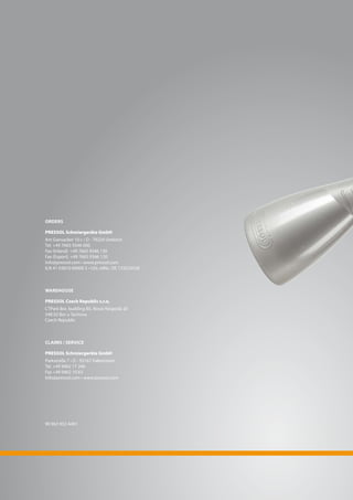Orders
PRESSOL Schmiergeräte GmbH
Am Gansacker 10 c • D - 79224 Umkirch
Tel. +49 7665 9346 000
Fax (Inland) +49 7665 9346 130
Fax (Export) +49 7665 9346 120
Info@pressol.com • www.pressol.com
ILN 41 03810 00000 3 • USt.-IdNr.: DE 133533558
Warehouse
PRESSOL Czech Republic s.r.o.
CTPark Bor, building B5, Nová Hospoda 20
348 02 Bor u Tachova
Czech Republic
Claims / Service
PRESSOL Schmiergeräte GmbH
Parkstraße 7 • D - 93167 Falkenstein
Tel. +49 9462 17 246
Fax +49 9462 10 63
Info@pressol.com • www.pressol.com
90 963 932 A401
 