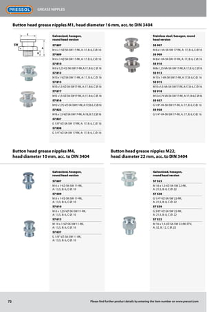 Galvanized, hexagon,
round head version
57 807
M 6 x 1-VZ-SK-SW 17-RK, A: 17, B: 6, C Ø: 16
57 809
M 8 x 1-VZ-SK-SW 17-RK, A: 17, B: 6, C Ø: 16
57 810
M8x1,25-VZ-SK-SW17-RK,A: 17,B: 6, C Ø: 16
57 813
M10x1-VZ-SK-SW 17-RK, A: 17, B: 6, C Ø: 16
57 815
M10x1,5-VZ-SK-SW17-RK, A: 17, B: 6, C Ø: 16
57 817
M12 x1,5-VZ-SK-SW17-RK, A: 17, B: 6, C Ø: 16
57 818
M12x1,75-VZ-SK-SW17-RK,A: 17,B: 6, C Ø: 16
57 823
M16 x1,5-VZ-SK-SW17-RK, A: 18, B: 7,CØ: 16
57 837
G 1/8"-VZ-SK-SW 17-RK, A: 17, B: 6, C Ø: 16
57 838
G 1/4"-VZ-SK-SW 17-RK, A: 17, B: 6, C Ø: 16
Stainless steel, hexagon, round
head version
55 907
M6 x1-VA-SK-SW 17-RK, A: 17, B: 6, C Ø: 16
55 909
M 8x1-VA-SK-SW 17-RK, A: 17, B: 6, C Ø: 16
55 910
M8x1,25-VA-SK-SW17-RK,A: 17,B: 6,CØ: 16
55 913
M10x1-VA-SK-SW17-RK,A: 17,B: 6,C Ø: 16
55 915
M10x1,5-VA-SK-SW17-RK,A: 17,B: 6,C Ø: 16
55 918
M12x1,75-VA-SK-SW17-RK, A: 17, B: 6,C Ø: 16
55 937
G 1/8"-VA-SK-SW 17-RK, A: 17, B: 6, C Ø: 16
55 938
G 1/4"-VA-SK-SW 17-RK, A: 17, B: 6, C Ø: 16
Button head grease nipples M1, head diameter 16 mm, acc. to DIN 3404
Button head grease nipples M4,
head diameter 10 mm, acc. to DIN 3404
Button head grease nipples M22,
head diameter 22 mm, acc. to DIN 3404
SW
A
C
B
Galvanized, hexagon,
round head version
57 607
M 6 x 1-VZ-SK-SW 11-RK,
A: 13,5, B: 6, C Ø: 10
57 609
M 8 x 1-VZ-SK-SW 11-RK,
A: 13,5, B: 6, C Ø: 10
57 610
M 8 x 1,25-VZ-SK-SW 11-RK,
A: 13,5, B: 6, C Ø: 10
57 613
M 10 x 1-VZ-SK-SW 11-RK,
A: 13,5, B: 6, C Ø: 10
57 637
G 1/8"-VZ-SK-SW 11-RK,
A: 13,5, B: 6, C Ø: 10
Galvanized, hexagon,
round head version
57 523
M 16 x 1,5-VZ-SK-SW 22-RK,
A: 21,5, B: 8, C Ø: 22
57 538
G 1/4"-VZ-SK-SW 22-RK,
A: 21,5, B: 8, C Ø: 22
57 539
G 3/8"-VZ-SK-SW 22-RK,
A: 21,5, B: 8, C Ø: 22
57 522
M 16 x 1,5-VZ-SK-SW 22-RK-STV,
A: 32, B: 12, C Ø: 22
72
Grease nipples
Please find further product details by entering the item number on www.pressol.com
 