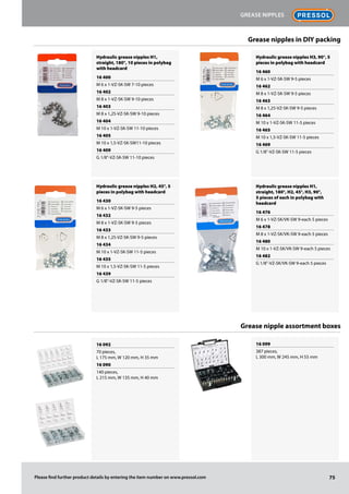 Hydraulic grease nipples H1,
straight, 180°, 10 pieces in polybag
with headcard
16 400
M 6 x 1-VZ-SK-SW 7-10 pieces
16 402
M 8 x 1-VZ-SK-SW 9-10 pieces
16 403
M 8 x 1,25-VZ-SK-SW 9-10 pieces
16 404
M 10 x 1-VZ-SK-SW 11-10 pieces
16 405
M 10 x 1,5-VZ-SK-SW11-10 pieces
16 409
G 1/8"-VZ-SK-SW 11-10 pieces
Hydraulic grease nipples H2, 45°, 5
pieces in polybag with headcard
16 430
M 6 x 1-VZ-SK-SW 9-5 pieces
16 432
M 8 x 1-VZ-SK-SW 9-5 pieces
16 433
M 8 x 1,25-VZ-SK-SW 9-5 pieces
16 434
M 10 x 1-VZ-SK-SW 11-5 pieces
16 435
M 10 x 1,5-VZ-SK-SW 11-5 pieces
16 439
G 1/8"-VZ-SK-SW 11-5 pieces
Hydraulic grease nipples H3, 90°, 5
pieces in polybag with headcard
16 460
M 6 x 1-VZ-SK-SW 9-5 pieces
16 462
M 8 x 1-VZ-SK-SW 9-5 pieces
16 463
M 8 x 1,25-VZ-SK-SW 9-5 pieces
16 464
M 10 x 1-VZ-SK-SW 11-5 pieces
16 465
M 10 x 1,5-VZ-SK-SW 11-5 pieces
16 469
G 1/8"-VZ-SK-SW 11-5 pieces
Hydraulic grease nipples H1,
straight, 180°, H2, 45°, H3, 90°,
5 pieces of each in polybag with
headcard
16 476
M 6 x 1-VZ-SK/VK-SW 9-each 5 pieces
16 478
M 8 x 1-VZ-SK/VK-SW 9-each 5 pieces
16 480
M 10 x 1-VZ-SK/VK-SW 9-each 5 pieces
16 482
G 1/8"-VZ-SK/VK-SW 9-each 5 pieces
Grease nipples in DIY packing
Grease nipple assortment boxes
16 092
70 pieces,
L 175 mm, W 120 mm, H 35 mm
16 090
140 pieces,
L 215 mm, W 135 mm, H 40 mm
16 099
387 pieces,
L 300 mm, W 245 mm, H 55 mm
75
Grease nipples
Please find further product details by entering the item number on www.pressol.com
 