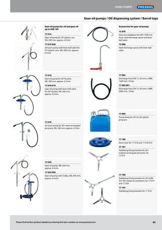 83
Hand pumps
Please find further product details by entering the item number on www.pressol.com
Gear oil pumps / Oil dispensing system / Barrel taps
Gear oil pumps for oil and gear oil
up to SAE 140
17 016
Gear oil pump for 20 l plastic can,
SRL 500 mm, approx. 6 l/min
17 019 950
Jerrycan pump with lever ball valve for
20 l plastic cans, SRL 500 mm, approx.
6 l/min
17 018
Gear oil pump for 20 l bucket,
SRL 500 mm, approx. 6 l/min
17 018 010
Gear oil pump with lever ball valve,
for 20 l bucket, SRL 500 mm,
approx. 6 l/min
17 019
Jerrycan pump for 20 l steel rectangular
jerrycans, SRL 500 mm, approx. 6 l/min
17 024
Gear oil pump, SRL 650 mm,
approx. 6 l/min
17 024 950
Gear oil pump with trolley, SRL 650 mm,
approx. 6 l/min
Accessories for gear oil pumps
13 070
Gear oil installation kit with 1500 mm
hose, steel discharge spout and lever
ball valve
13 096
Steel discharge spout with lever ball
valve
17 003
Discharge hose DN 13, 20 mm a, NBR,
1500 mm, 10 bar
17 003 001
Discharge hose DN 13, 20 mm a, NBR,
2000 mm, 10 bar
17 095
Pump fixing for 20 l to 30 l plastic
jerrycans
17 190
Dust cover for 17 018 and 17 018 010
17 191
Stabilizing fixing brackets for 20 l
original rectangular jerrycans, for
17 019
17 196
Stabilizing fixing brackets for 20 l GDE,
55 l, 60 l metal oil containers, for 17 019
and 17 024
17 197
Stabilizing fixing brackets for 17 018
 