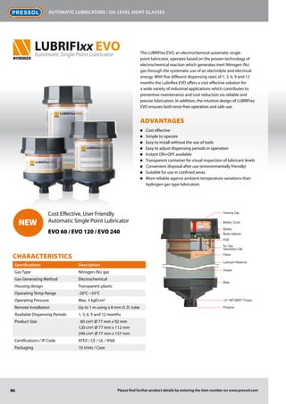 The LUBRIFIxx EVO, an electrochemical automatic single
point lubricator, operates based on the proven technology of
electrochemical reaction which generates inert Nitrogen (N2)
gas through the systematic use of an electrolyte and electrical
energy. With five different dispensing rates of 1, 3, 6, 9 and 12
months the Lubrifixx EVO offers a cost effective solution for
a wide variety of industrial applications which contributes to
preventive maintenance and cost reduction via reliable and
precise lubrication. In addition, the intuitive design of LUBRIFIxx
EVO ensures both error-free operation and safe use.
Advantages
Cost effective■■
Simple to operate■■
Easy to install without the use of tools■■
Easy to adjust dispensing periods in operation■■
Instant ON+OFF available■■
Transparent container for visual inspection of lubricant levels■■
Convenient disposal after use (environmentally friendly)■■
Suitable for use in confined areas■■
More reliable against ambient temperature variations than■■
­hydrogen gas type lubricators
NEW
86
Automatic lubricators / Oil level sight glasses
Please find further product details by entering the item number on www.pressol.com
Characteristics
Specifications Description
Gas Type Nitrogen (N2) gas
Gas Generating Method Electrochemical
Housing design Transparent plastic
Operating Temp Range -20°C ~55°C
Operating Pressure Max. 5 kgf/cm2
Remote Installation Up to 1 m using a 8 mm O. D. tube
Available Dispensing Periods 1, 3, 6, 9 and 12 months
Product Size 60 cm3: Ø 77 mm x 92 mm
120 cm3: Ø 77 mm x 112 mm
240 cm3: Ø 77 mm x 157 mm
Certifications / IP Code ATEX / CE / UL / IP68
Packaging 10 Units / Case
Automatic Single Point Lubricator
LUBRIFIxx EVO
Cost Effective, User Friendly
Automatic Single Point Lubricator
EVO 60 / EVO 120 / EVO 240
 
