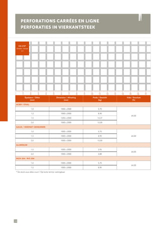 100
PERFORATIONS CARRÉES EN LIGNE
PERFORATIES IN VIERKANTSTEEK
C8 U10*
Échelle / Schaal
1/1
Épaisseur / Dikte
(mm)
Dimension / Afmeting
(mm)
Poids / Gewicht
(kg)
Vide / Doorlaat
(%)
ACIER / STAAL
1,0 1000 x 2000 5,70
64,00
1,5 1000 x 2000 8,90
1,5 1250 x 2500 13,37
2,0 1000 x 2000 12,00
GALVA / VERZINKT (SENDZIMIR)
1,0 1000 x 2000 5,70
64,001,5 1000 x 2000 8,90
2,0 1000 x 2000 12,00
ALUMINIUM
1,5 1000 x 2000 2,92
64,00
2,0 1000 x 2000 3,88
INOX 304 / RVS 304
1,0 1000 x 2000 5,70
64,00
1,5 1000 x 2000 8,90
* De stock sous délai court / Op korte termijn verkrijgbaar
1 5 11 153 97 13 172 6 12 164 108 14
 