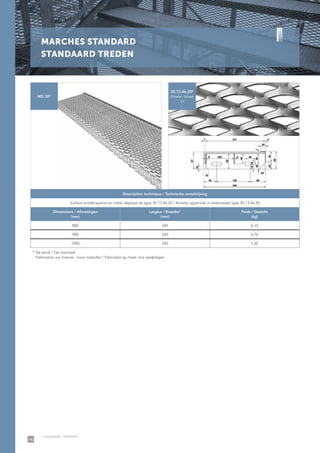 140
MARCHES STANDARD
STANDAARD TREDEN
MD 30*
Description technique / Technische omschrijving
Surface antidérapante en métal déployé de type 30.13.46.20 / Antislip oppervlak in strekmetaal type 30.13.46.20
Dimensions / Afmetingen
(mm)
Largeur / Breedte*
(mm)
Poids / Gewicht
(kg)
800 240 6,10
900 240 6,70
1000 240 7,50
* De stock / Op voorraad
Fabrication sur mesure : nous consulter / Fabricatie op maat: ons raadplegen
* GALVANISÉ / VERZINKT
30.13.46.20*
Échelle / Schaal
1/1
 