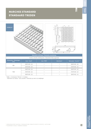 143
SOLSMARCHES∞
VLOERENTREDEN
MARCHES STANDARD
STANDAARD TREDEN
* LARGEUR/HAUTEUR1-HAUTEUR2 - ÉPAISSEUR EN MM / BREEDTE/HOOGTE1-HOOGTE2 - DIKTE IN MM
** GALVANISÉE À CHAUD / THERMISCH VERZINKT
STEPBLOC*
Description technique / Technische omschrijving
Surface crénelée antidérapante / Gekarteld antislip oppervlak
Dimensions / Afmetingen
(mm)
Acier / Staal* Inox / RVS* Aluminium* Galvanisée / Verzinkt* **
800
240/70-40 - 2,0 / / 240/70-40 - 2,0
270/70-40 - 2,0 / / 270/70-40 - 2,0
1000
240/70-40 - 2,0 / / 240/70-40 - 2,0
270/70-40 - 2,0 / / 270/70-40 - 2,0
300/70-40 - 2,0 / / 300/70-40 - 2,0
* Délai : ± 2 semaines / Termijn = ± 2 weken
Fabrication sur mesure : nous consulter / Fabricatie op maat: ons raadplegen
PLANCHERS/
VLOEREN
MARCHES/
TRAPTREDEN
 