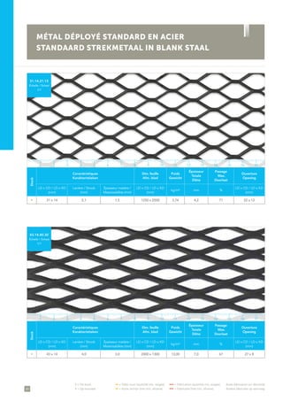 20
• = De stock	 •• = Délai court (quantité min. exigée)	 ••• = Fabrication (quantité min. exigée)	 Autre fabrication sur demande
• = Op voorraad	 •• = Korte termijn (met min. afname)	 ••• = Fabricatie (met min. afname)	 Andere fabricatie op aanvraag
Stock
Caractéristiques
Karakteristieken
Dim. feuille
Afm. blad
Poids
Gewicht
Épaisseur
Totale
Dikte
Passage
Max.
Doorlaat
Ouverture
Opening
LD x CD / LD x KD
(mm)
Lanière / Strook
(mm)
Épaisseur matière /
Materiaaldikte (mm)
LD x CD / LD x KD
(mm)
kg/m² mm %
LD x CD / LD x KD
(mm)
• 31 x 14 2,1 1,5 1250 x 2500 3,74 4,2 71 22 x 12
31.14.21.15
Échelle / Schaal
1/1
Stock
Caractéristiques
Karakteristieken
Dim. feuille
Afm. blad
Poids
Gewicht
Épaisseur
Totale
Dikte
Passage
Max.
Doorlaat
Ouverture
Opening
LD x CD / LD x KD
(mm)
Lanière / Strook
(mm)
Épaisseur matière /
Materiaaldikte (mm)
LD x CD / LD x KD
(mm)
kg/m² mm %
LD x CD / LD x KD
(mm)
• 43 x 14 4,0 3,0 2400 x 1300 13,00 7,0 67 27 x 8
43.14.40.30
Échelle / Schaal
1/1
MÉTAL DÉPLOYÉ STANDARD EN ACIER
STANDAARD STREKMETAAL IN BLANK STAAL
1 5 11 153 97 13 172 6 12 164 108 14
1 5 11 153 97 13 172 6 12 164 108 14
 