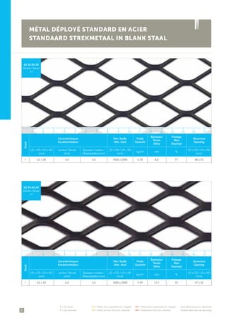 28
• = De stock	 •• = Délai court (quantité min. exigée)	 ••• = Fabrication (quantité min. exigée)	 Autre fabrication sur demande
• = Op voorraad	 •• = Korte termijn (met min. afname)	 ••• = Fabricatie (met min. afname)	 Andere fabricatie op aanvraag
Stock
Caractéristiques
Karakteristieken
Dim. feuille
Afm. blad
Poids
Gewicht
Épaisseur
Totale
Dikte
Passage
Max.
Doorlaat
Ouverture
Opening
LD x CD / LD x KD
(mm)
Lanière / Strook
(mm)
Épaisseur matière /
Materiaaldikte (mm)
LD x CD / LD x KD
(mm)
kg/m² mm %
LD x CD / LD x KD
(mm)
• 62 x 30 4,0 3,0 1500 x 2000 6,78 8,0 77 48 x 23
62.30.40.30
Échelle / Schaal
1/1
Stock
Caractéristiques
Karakteristieken
Dim. feuille
Afm. blad
Poids
Gewicht
Épaisseur
Totale
Dikte
Passage
Max.
Doorlaat
Ouverture
Opening
LD x CD / LD x KD
(mm)
Lanière / Strook
(mm)
Épaisseur matière /
Materiaaldikte (mm)
LD x CD / LD x KD
(mm)
kg/m² mm %
LD x CD / LD x KD
(mm)
• 62 x 30 6,0 3,0 1500 x 2000 9,90 12,1 72 47 x 22
62.30.60.30
Échelle / Schaal
1/1
MÉTAL DÉPLOYÉ STANDARD EN ACIER
STANDAARD STREKMETAAL IN BLANK STAAL
1 5 11 153 97 13 172 6 12 164 108 14
1 5 11 153 97 13 172 6 12 164 108 14
 