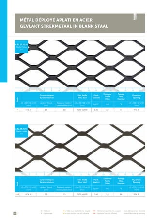 40
• = De stock	 •• = Délai court (quantité min. exigée)	 ••• = Fabrication (quantité min. exigée)	 Autre fabrication sur demande
• = Op voorraad	 •• = Korte termijn (met min. afname)	 ••• = Fabricatie (met min. afname)	 Andere fabricatie op aanvraag
Stock
Caractéristiques
Karakteristieken
Dim. feuille
Afm. blad
Poids
Gewicht
Épaisseur
Totale
Dikte
Passage
Max.
Doorlaat
Ouverture
Opening
LD x CD / LD x KD
(mm)
Lanière / Strook
(mm)
Épaisseur matière /
Materiaaldikte (mm)
LD x CD / LD x KD
(mm)
kg/m² mm %
LD x CD / LD x KD
(mm)
• 51 x 27 3,5 3,0 1250 x 2500 6,82 2,7 73 41 x 20
A 51.27.35.30
Échelle / Schaal
1/1
Stock
Caractéristiques
Karakteristieken
Dim. feuille
Afm. blad
Poids
Gewicht
Épaisseur
Totale
Dikte
Passage
Max.
Doorlaat
Ouverture
Opening
LD x CD / LD x KD
(mm)
Lanière / Strook
(mm)
Épaisseur matière /
Materiaaldikte (mm)
LD x CD / LD x KD
(mm)
kg/m² mm %
LD x CD / LD x KD
(mm)
• • • 62 x 34 2,5 1,5 1250 x 2400 1,68 1,4 86 50 x 30
A 62.34.25.15
Échelle / Schaal
1/1
MÉTAL DÉPLOYÉ APLATI EN ACIER
GEVLAKT STREKMETAAL IN BLANK STAAL
1 5 11 153 97 13 172 6 12 164 108 14
1 5 11 153 97 13 172 6 12 164 108 14
 