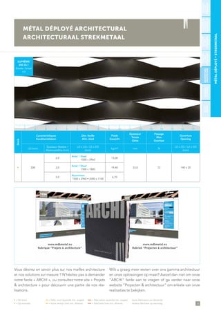 71
• = De stock	 •• = Délai court (quantité min. exigée)	 ••• = Fabrication (quantité min. exigée)	 Autre fabrication sur demande
• = Op voorraad 	 •• = Korte termijn (met min. afname)	 ••• = Fabricatie (met min. afname)	 Andere fabricatie op aanvraag
MÉTALDÉPLOYÉ∞STREKMETAAL
MÉTAL DÉPLOYÉ ARCHITECTURAL
ARCHITECTURAAL STREKMETAAL
SUPRÊME
200 XL1
Échelle / Schaal
1/2
Stock
Caractéristiques
Karakteristieken
Dim. feuille
Afm. blad
Poids
Gewicht
Épaisseur
Totale
Dikte
Passage
Max.
Doorlaat
Ouverture
Opening
LD (mm)
Épaisseur Matière /
Materiaaldikte (mm)
LD x CD / LD x KD
(mm)
kg/m² mm %
LD x CD / LD x KD
(mm)
• 200
2,0
Acier / Staal
1500 x 2960
13,00
33,0 72 140 x 203,0
Acier / Staal
1500 x 1800
19,40
3,0
Aluminium
1500 x 2960 • 2000 x 1100
6,70
Vous désirez en savoir plus sur nos mailles architecture
et nos solutions sur mesure ? N’hésitez pas à demander
notre farde « ARCHI », ou consultez notre site « Projets
& architecture » pour découvrir une partie de nos réa-
lisations.
Wilt u graag meer weten over ons gamma architectuur
en onze oplossingen op maat? Aarzel dan niet om onze
”ARCHI“ farde aan te vragen of ga verder naar onze
website ”Projecten & architectuur” om enkele van onze
realisaties te bekijken.
STANDARD
ENACIER/
STANDAARD
INSTAAL
PLAFOND/
PLAFOND
BÉTON/
BETON
STANDARD
ENINOX/
STANDAARD
INRVS
STANDARD
ENZINC/
STANDAARD
INZINK
ARCHITECTURE/
ARCHITECTUUR
STANDARDEN
ALUMINIUM/
STANDAARDIN
ALUMINIUM
1 5 11 153 97 13 172 6 12 164 108 14
 