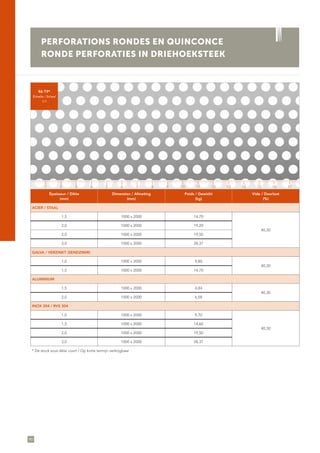 90
PERFORATIONS RONDES EN QUINCONCE
RONDE PERFORATIES IN DRIEHOEKSTEEK
R6 T9*
Échelle / Schaal
1/1
Épaisseur / Dikte
(mm)
Dimension / Afmeting
(mm)
Poids / Gewicht
(kg)
Vide / Doorlaat
(%)
ACIER / STAAL
1,5 1000 x 2000 14,70
40,30
2,0 1000 x 2000 19,20
2,0 1000 x 2000 19,50
3,0 1000 x 2000 28,37
GALVA / VERZINKT (SENDZIMIR)
1,0 1000 x 2000 9,80
40,30
1,5 1000 x 2000 14,70
ALUMINIUM
1,5 1000 x 2000 4,84
40,30
2,0 1000 x 2000 6,58
INOX 304 / RVS 304
1,0 1000 x 2000 9,70
40,30
1,5 1000 x 2000 14,60
2,0 1000 x 2000 19,50
3,0 1000 x 2000 28,37
* De stock sous délai court / Op korte termijn verkrijgbaar
1 5 11 153 97 13 172 6 12 164 108 14
 