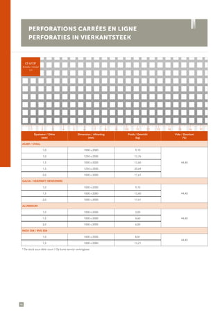 98
C5 U7,5*
Échelle / Schaal
1/1
PERFORATIONS CARRÉES EN LIGNE
PERFORATIES IN VIERKANTSTEEK
Épaisseur / Dikte
(mm)
Dimension / Afmeting
(mm)
Poids / Gewicht
(kg)
Vide / Doorlaat
(%)
ACIER / STAAL
1,0 1000 x 2000 9,10
44,40
1,0 1250 x 2500 13,76
1,5 1000 x 2000 13,60
1,5 1250 x 2500 20,64
2,0 1000 x 2000 17,61
GALVA / VERZINKT (SENDZIMIR)
1,0 1000 x 2000 9,10
44,401,5 1000 x 2000 13,60
2,0 1000 x 2000 17,61
ALUMINIUM
1,0 1000 x 2000 3,00
44,401,5 1000 x 2000 4,60
2,0 1000 x 2000 6,00
INOX 304 / RVS 304
1,0 1000 x 2000 8,81
44,40
1,5 1000 x 2000 13,21
* De stock sous délai court / Op korte termijn verkrijgbaar
1 5 11 153 97 13 172 6 12 164 108 14
 