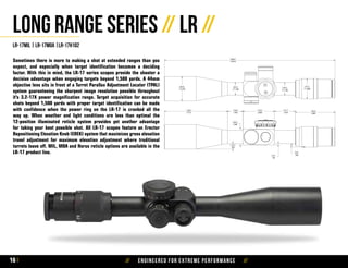 // Engineered for extreme performance //16
Long Range Series // LR //
lr-17mil | lr-17moa |lr-17h102
Sometimes there is more to making a shot at extended ranges than you
expect, and especially when target identification becomes a deciding
factor. With this in mind, the LR-17 series scopes provide the shooter a
decisive advantage when engaging targets beyond 1,500 yards. A 44mm
objective lens sits in front of a Turret Parallax Adjustment Locater (TPAL)
system guaranteeing the sharpest image resolution possible throughout
it’s 3.2-17X power magnification range. Target acquisition for accurate
shots beyond 1,500 yards with proper target identification can be made
with confidence when the power ring on the LR-17 is cranked all the
way up. When weather and light conditions are less than optimal the
12-position illuminated reticle system provides yet another advantage
for taking your best possible shot. All LR-17 scopes feature an Erector
Repositioning Elevation Knob (EREK) system that maximizes gross elevation
travel adjustment for maximum elevation adjustment where traditional
turrets leave off. MIL, MOA and Horus reticle options are available in the
LR-17 product line.
 