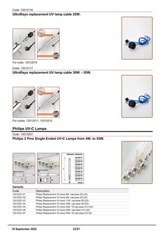 Code: 12012116
UltraRays replacement UV lamp cable 25W.
For code: 12012010
Code: 12012117
UltraRays replacement UV lamp cable 30W. - 55W.
For codes: 12012011, 12012012
Philips UV-C Lamps
Code: 12012201
Philips 2 Pins Single Ended UV-C Lamps from 4W. to 55W.
Variants
Code Description
12012201-01 Philips Replacement UV lamp 4W. cap-base G5 (25)
12012201-02 Philips Replacement UV lamp 6W. cap-base G5 (25)
12012201-03 Philips Replacement UV lamp 11W. cap-base G5 (25)
12012201-04 Philips Replacement UV lamp 16W. cap-base G5 (25)
12012201-05 Philips Replacement UV lamp 25W. T8 cap-base G13 (25)
12012201-06 Philips Replacement UV lamp 30W. cap-base G13 (25)
12012201-07 Philips Replacement UV lamp 55W. T8 cap-base G13 (6)
16 September 2022 23/27
 