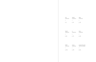 CUT
Collection
•
p. 6
TRACK
Collection
•
p. 18
SEED
Collection
•
p. 30
TRACE
Collection
•
p. 58
IL
Collection
•
p. 70
Colors
Collection
•
p. 118
SOUL
Collection
•
p. 80
Schede Tecniche
Technical Sheets
•
p.120
START
Collection
•
p. 100
 